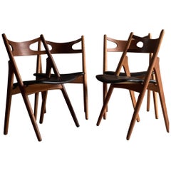 Hans J Wegner CH29 Sawbuck Four Teak Dining Chairs by Carl Hansen, Denmark 1950s