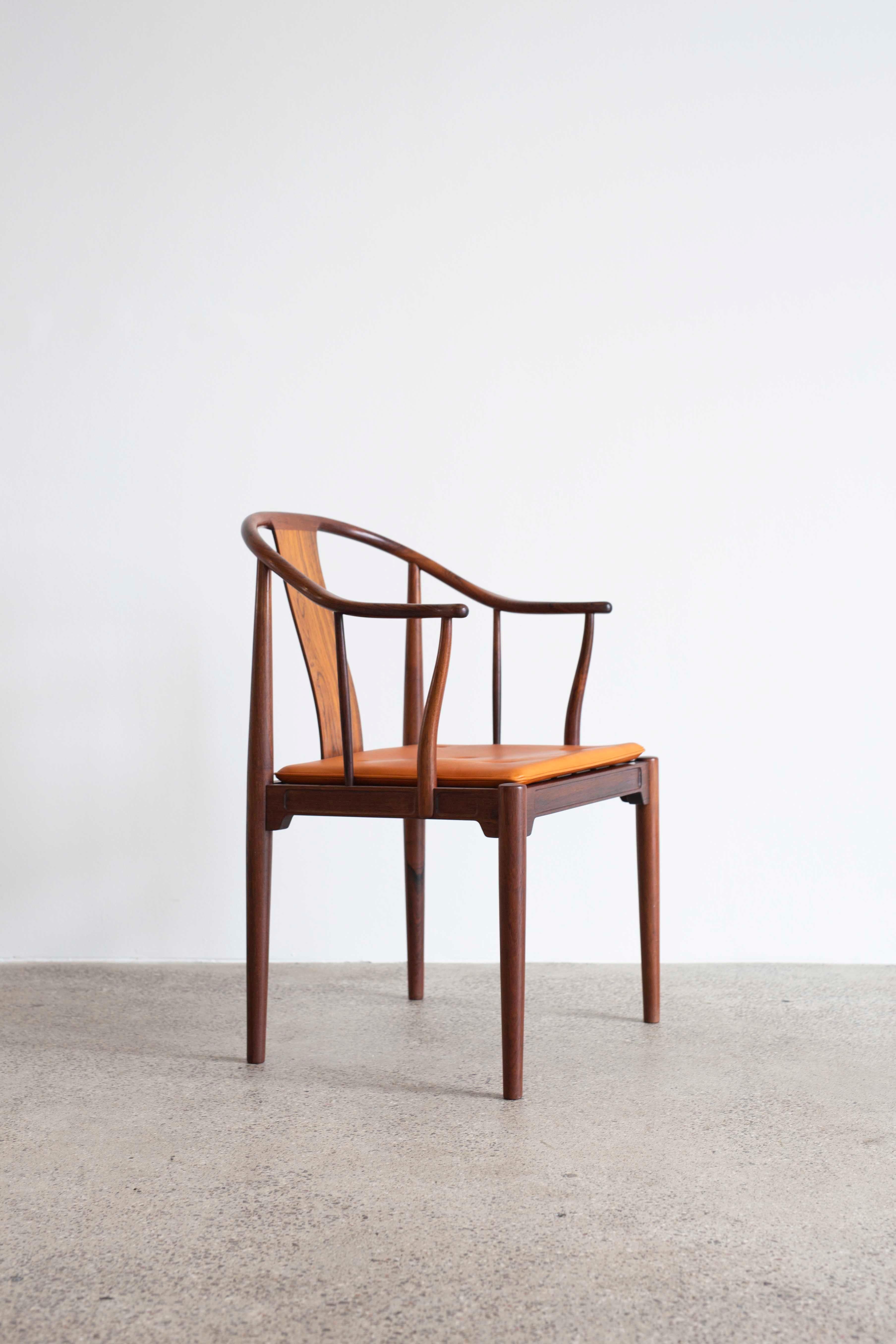 Hans J. Wegner China chair in Brazilian rosewood with leather cushion.
Designed 1944 and executed at Fritz Hansen app, 1960s. 
Very good condition. 

Available as a pair.