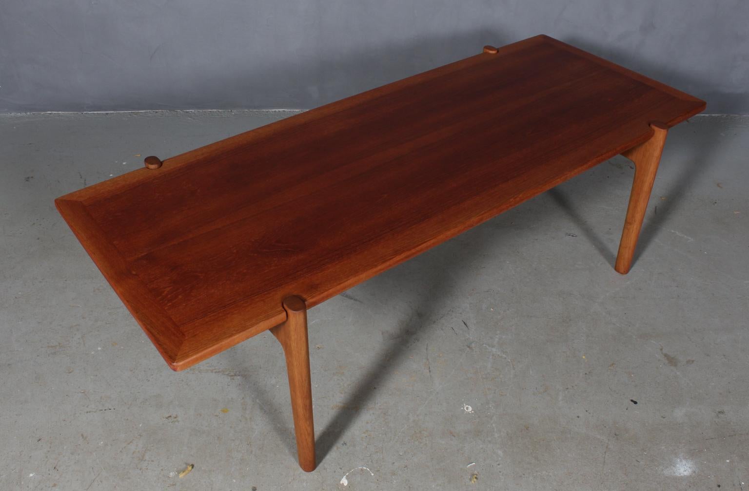 Hans J. Wegner coffee table, made in veenered teak and solid oak.

Veenered on both sides so the top is turnable. With brass details.

Model 575, made by Johannes Hansen, Denmark.


   