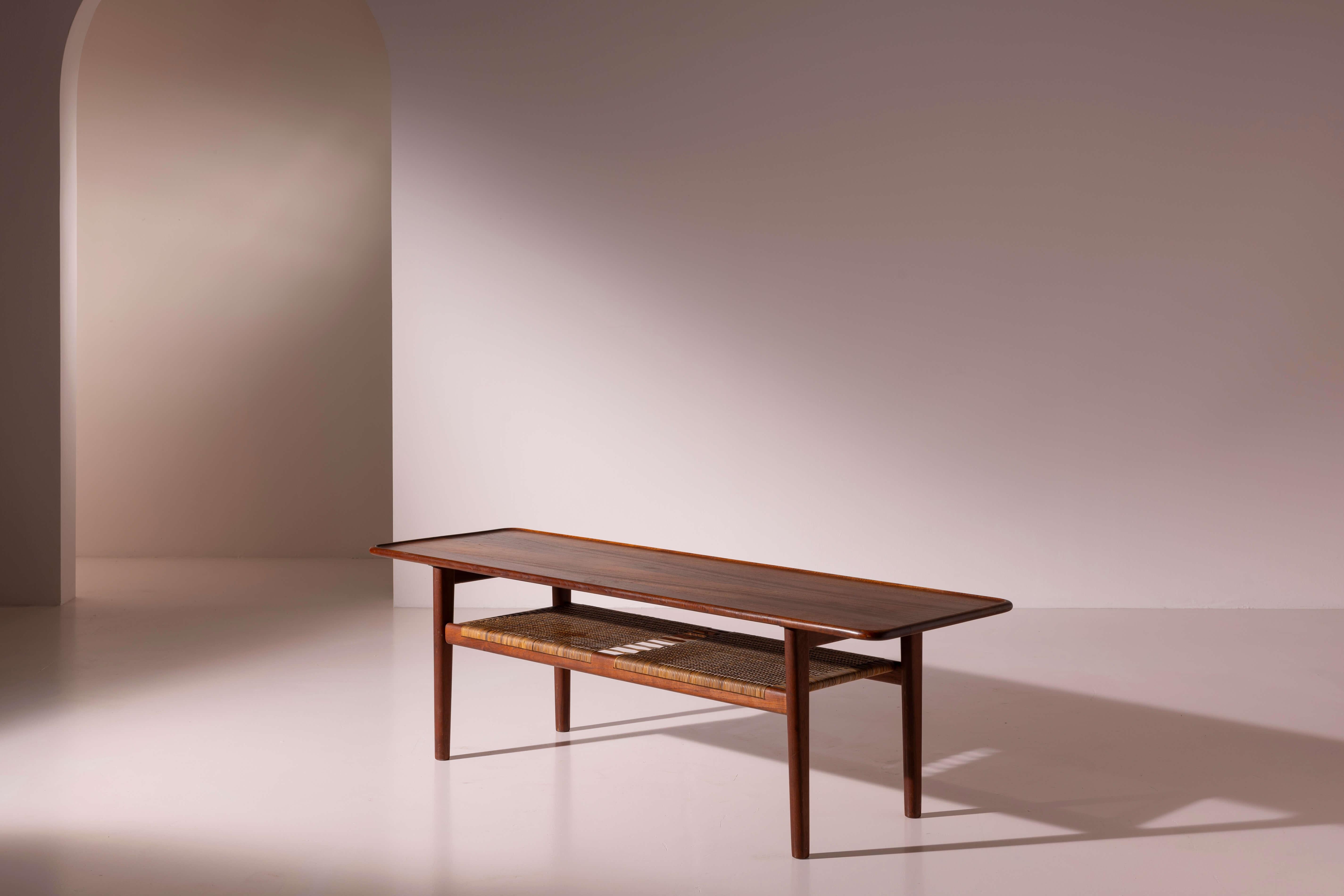 Hans J. Wegner coffee Table model AT-10 in Teak and Cane by Andreas Tuck, 1950s For Sale 2