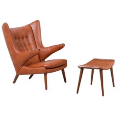 Hans J. Wegner Cognac Leather “Papa Bear” Chair with Ottoman for A.P. Stolen Møb