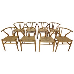 Hans J. Wegner Early Edition Set of 8 Oak Wishbone CH24 Chairs, 1950, Denmark