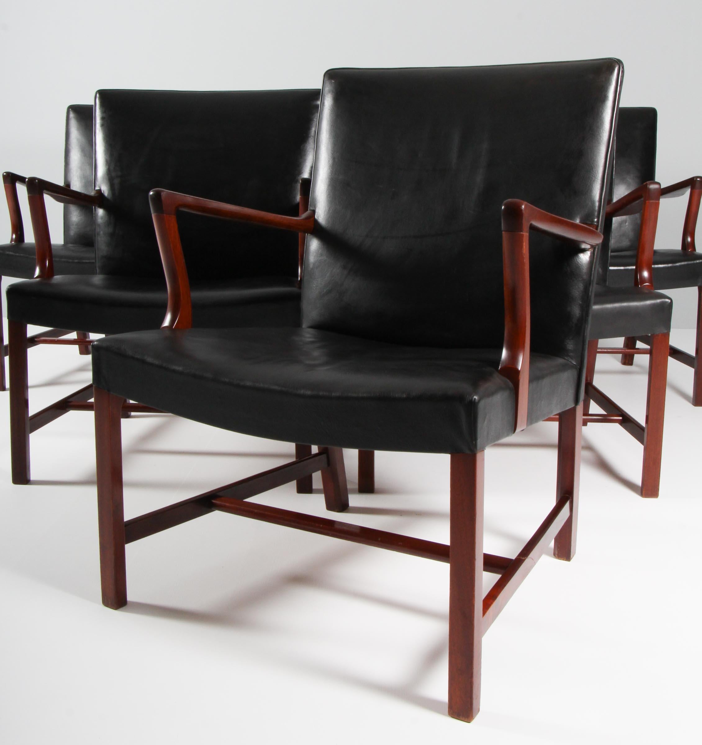 Scandinavian Modern Hans J. Wegner Early Set of Six Arm Chairs in Mahogany and Leather, 1950s