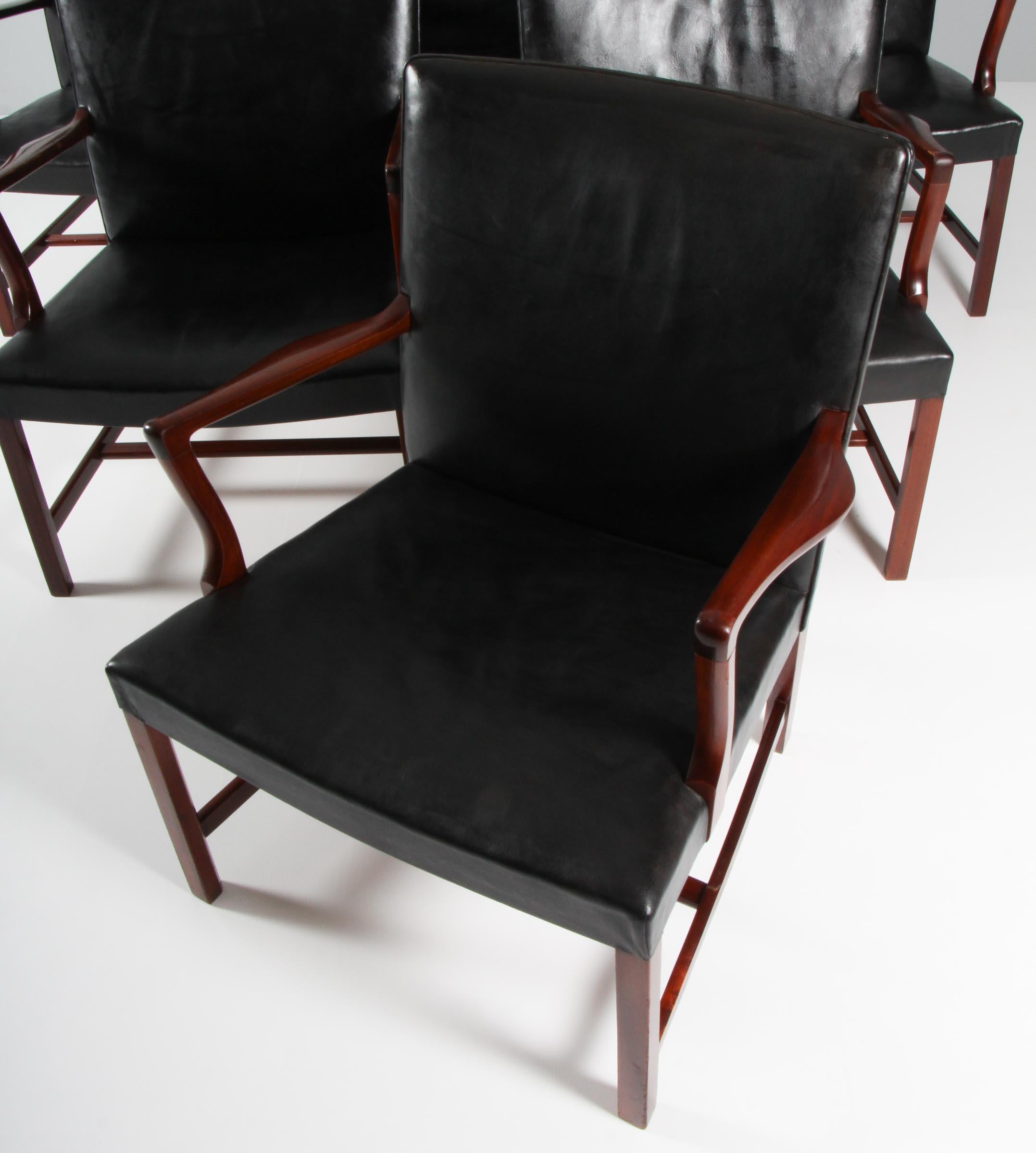 Danish Hans J. Wegner Early Set of Six Arm Chairs in Mahogany and Leather, 1950s