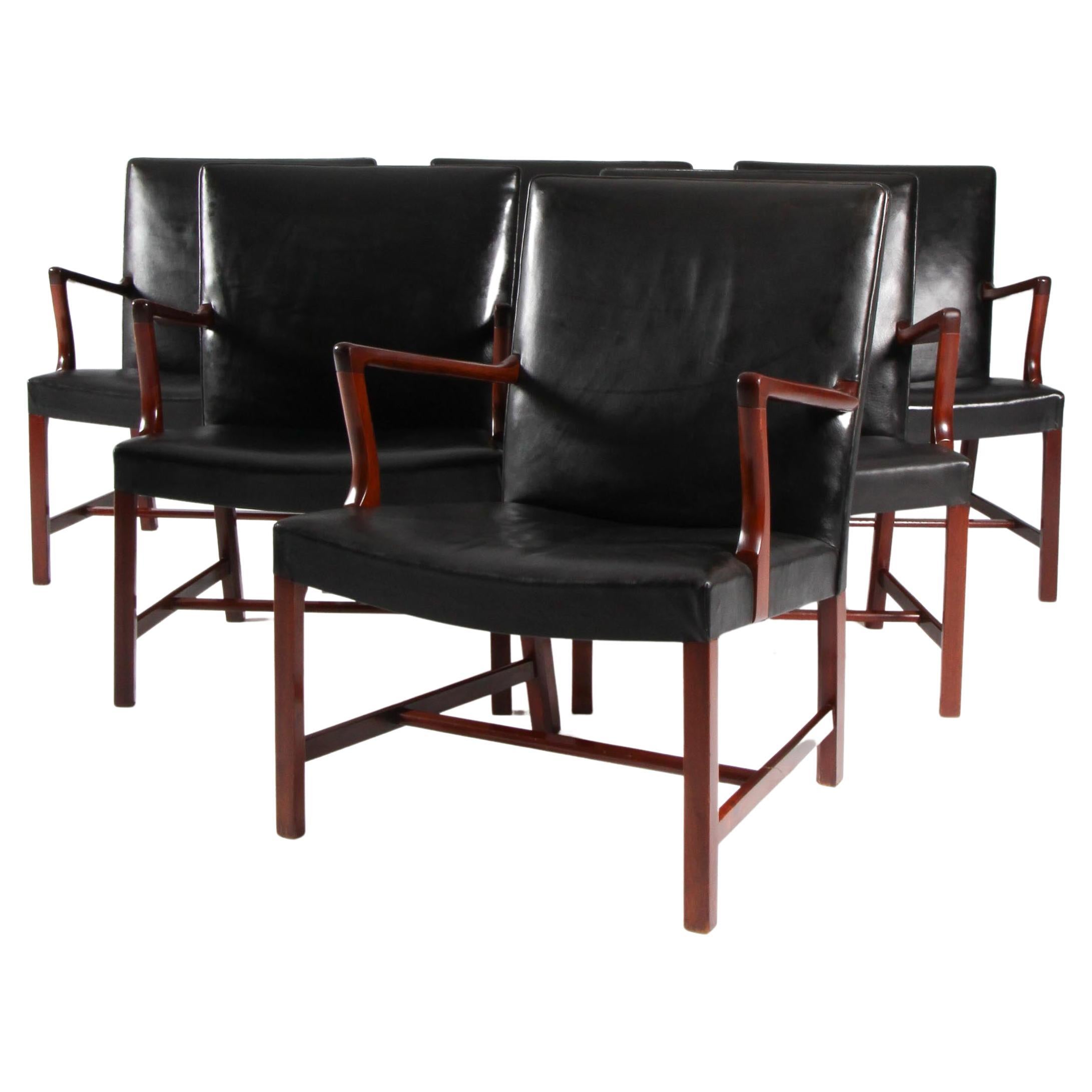 Hans J. Wegner Early Set of Six Arm Chairs in Mahogany and Leather, 1950s