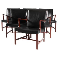 Hans J. Wegner Early Set of Six Arm Chairs in Mahogany and Leather, 1950s