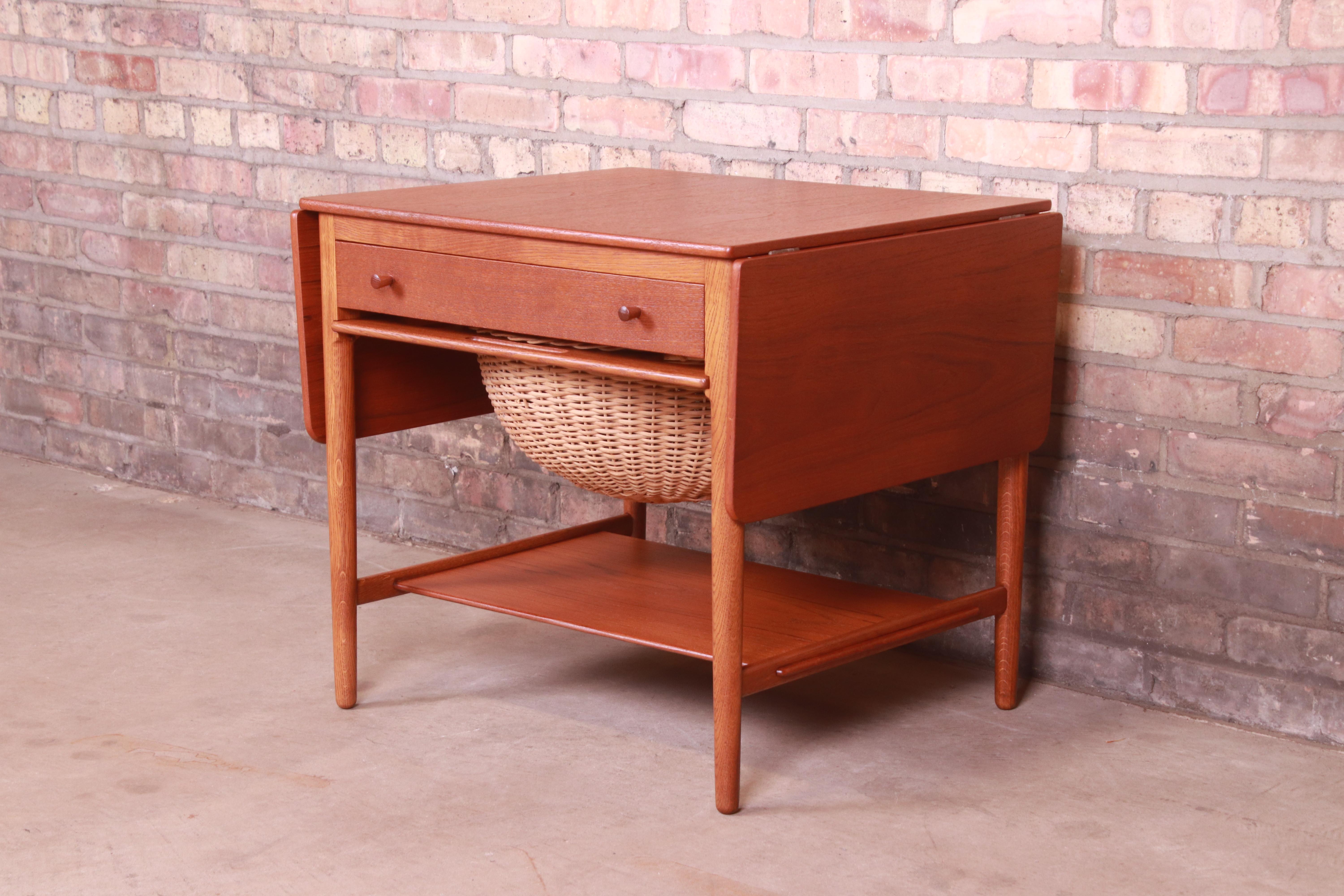 Hans J. Wegner for Andreas Tuck Teak and Oak Sewing Table, Newly Restored In Good Condition In South Bend, IN