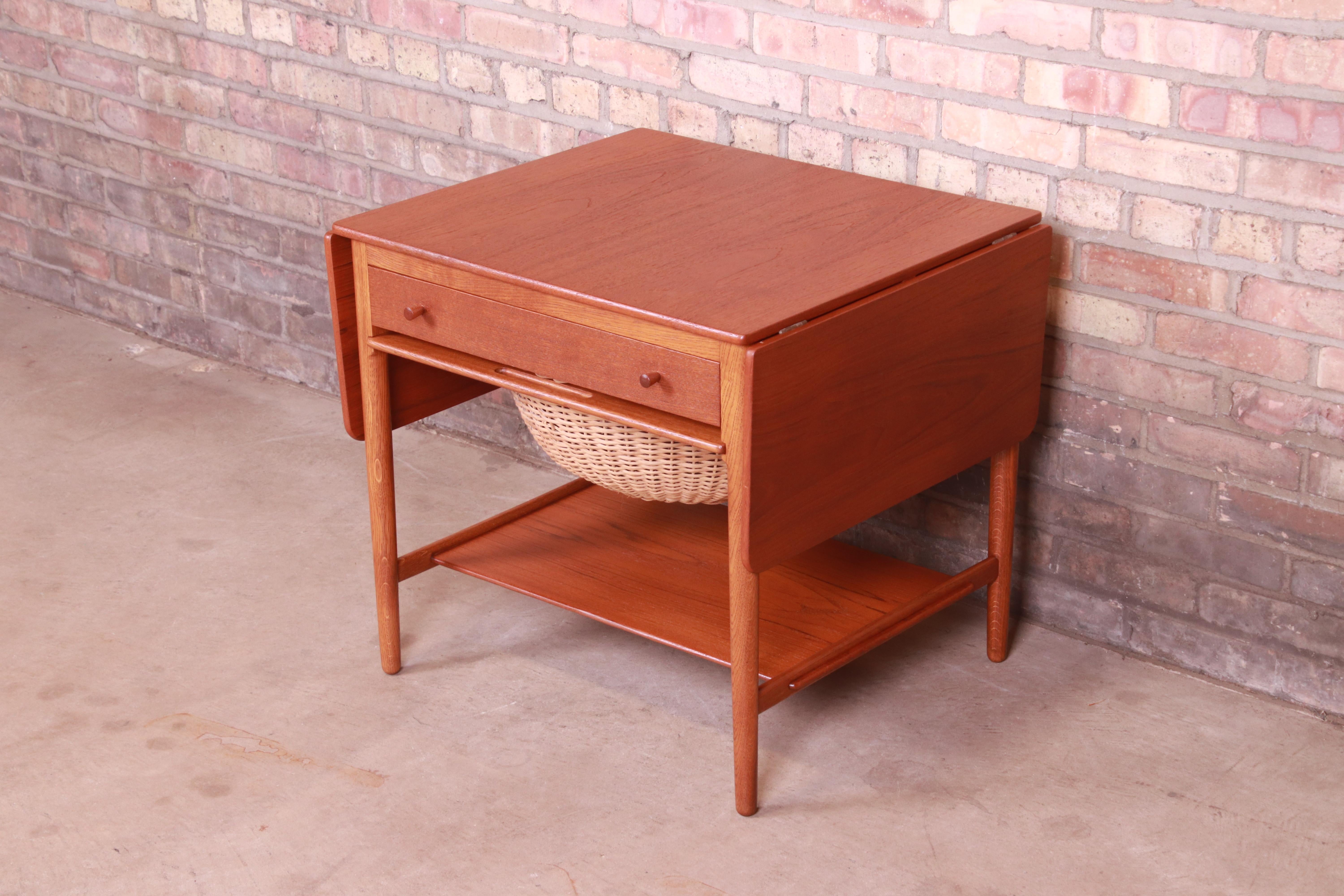 Rattan Hans J. Wegner for Andreas Tuck Teak and Oak Sewing Table, Newly Restored