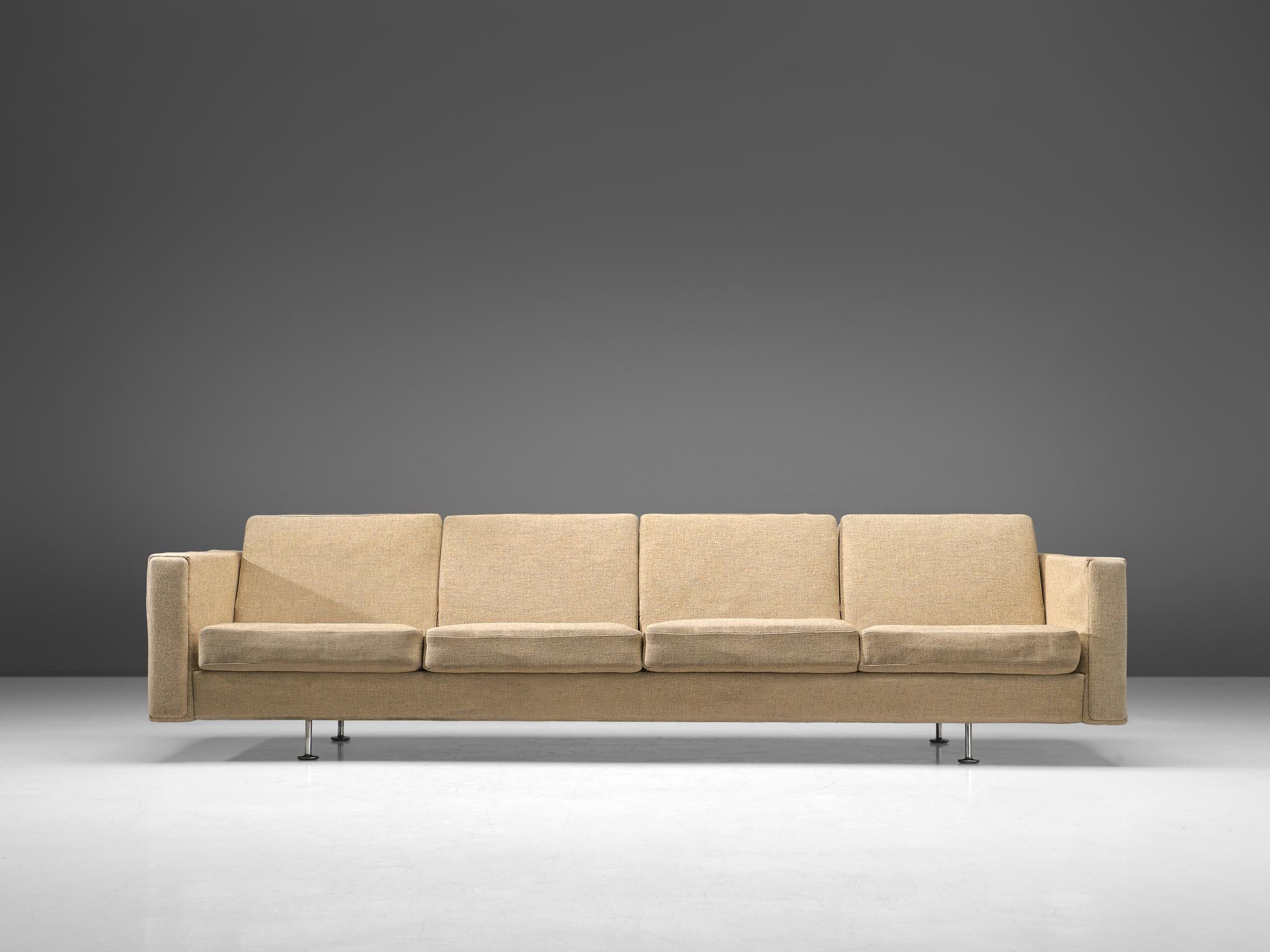 Hans J. Wegner for Getama, sofa 'Century 2000', metal, fabric, Denmark 1990s.

Modern three-seather sofa in beige fabric. Nicely designed round brushed steel legs which are delicate and make it seem like the sofa floats. Thanks to this nice thin
