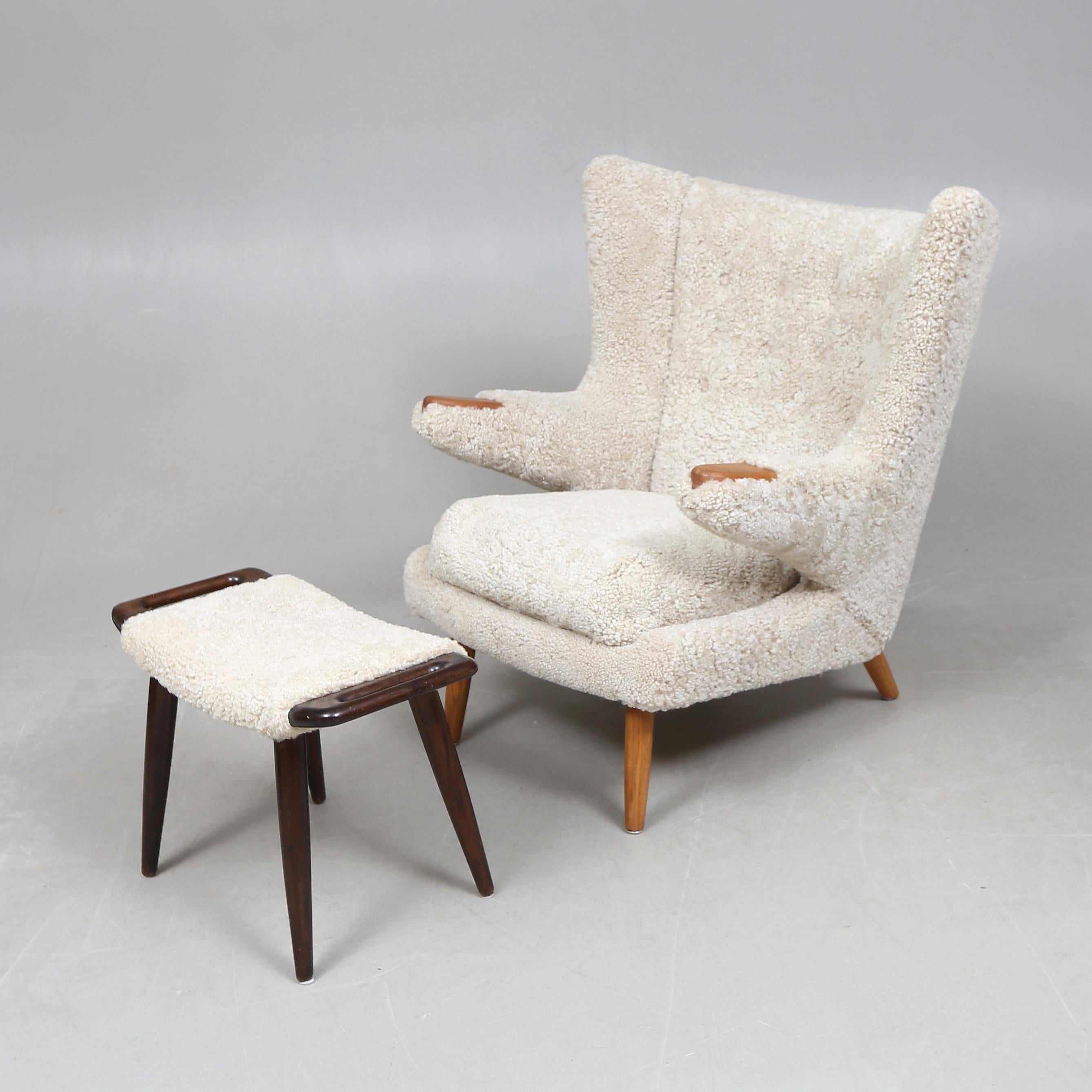 Mid-Century Modern Papa Bear chair and ottoman with sheepskin, in style of Hans J Wegner, -1950s