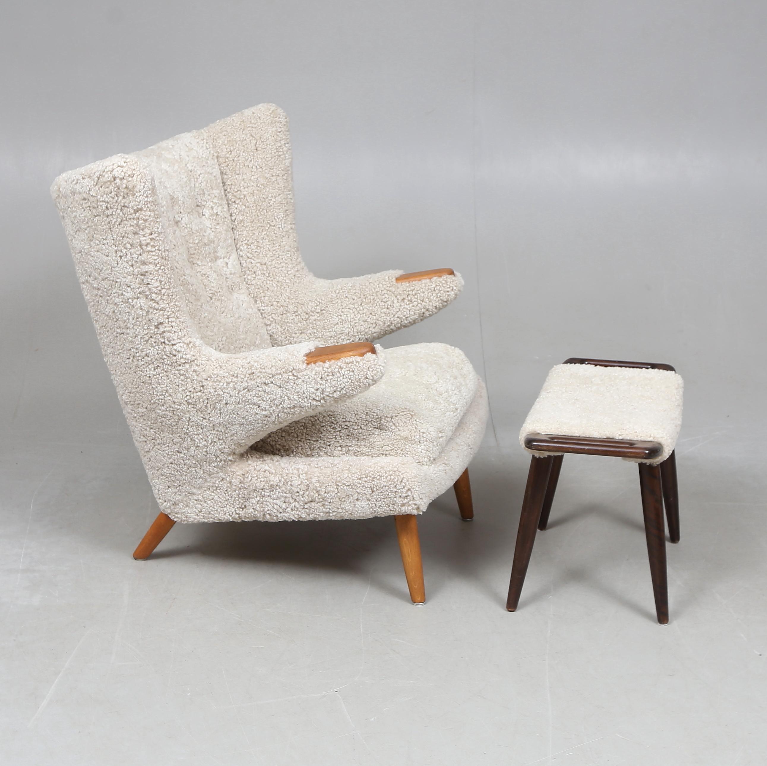 Danish Papa Bear chair and ottoman with sheepskin, in style of Hans J Wegner, -1950s