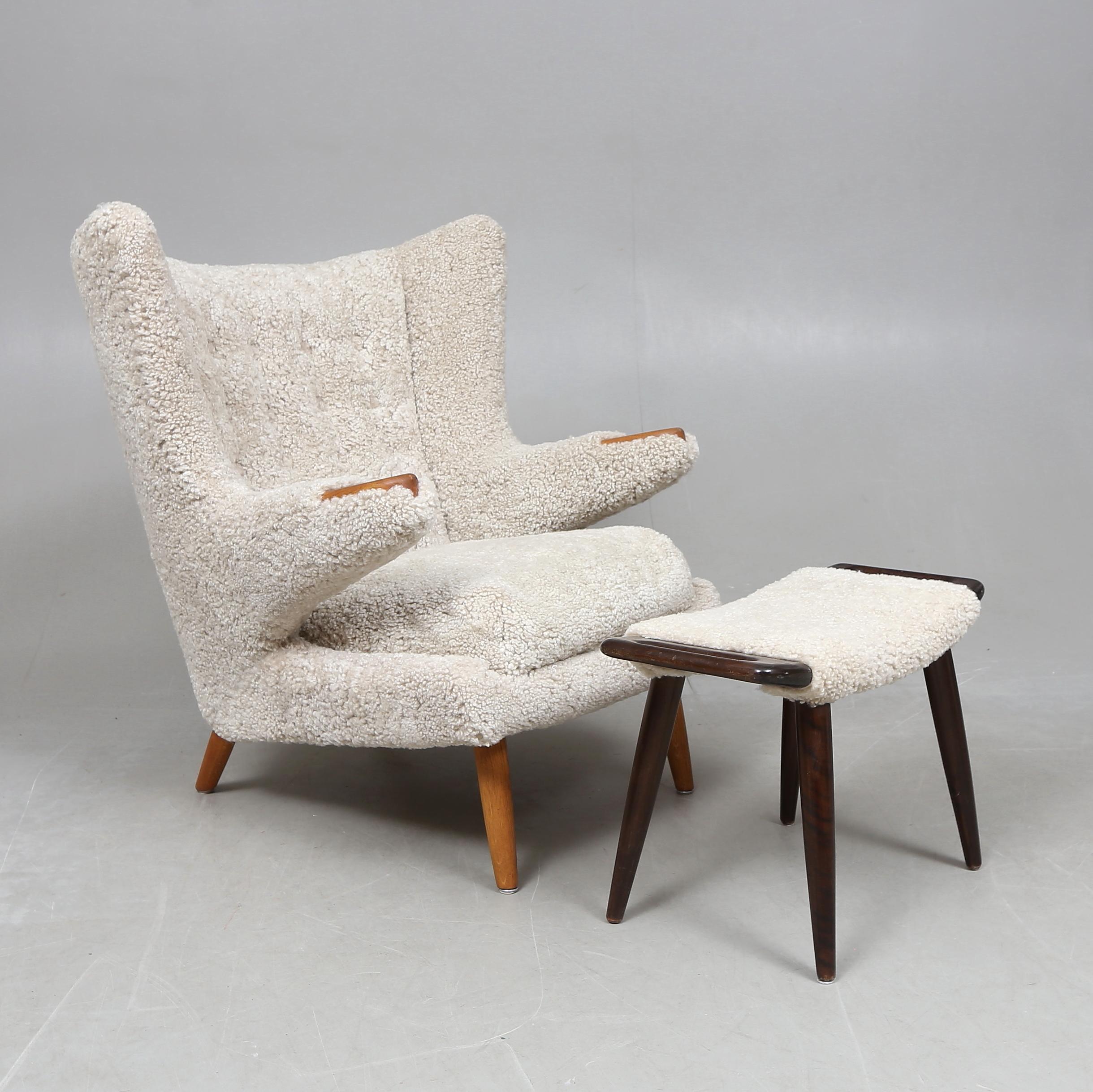 20th Century Papa Bear chair and ottoman with sheepskin, in style of Hans J Wegner, -1950s