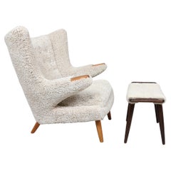 Papa Bear chair and ottoman with sheepskin, in style of Hans J Wegner, -1950s