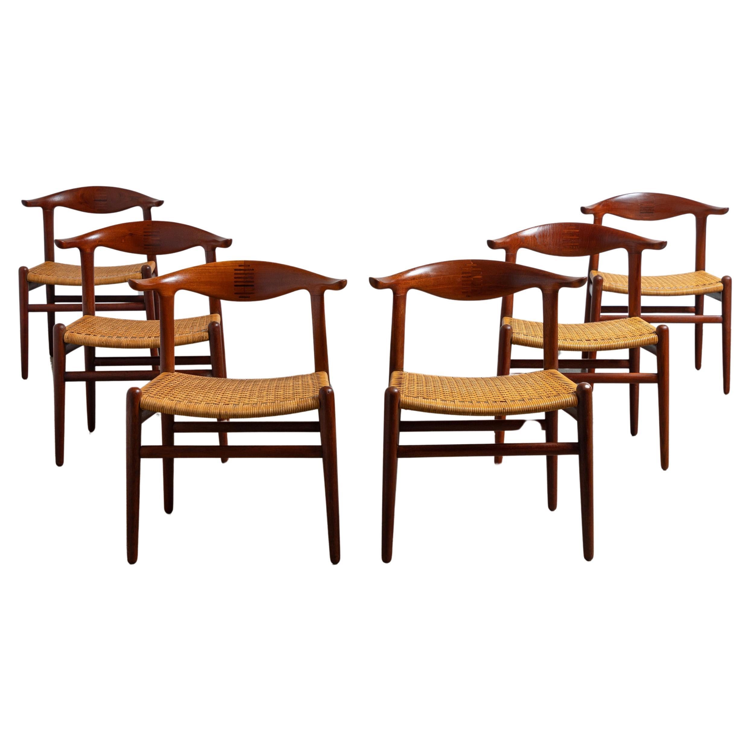 Hans J. Wegner JH-505 Teak and Cane Cowhorn Chairs - Set of Six