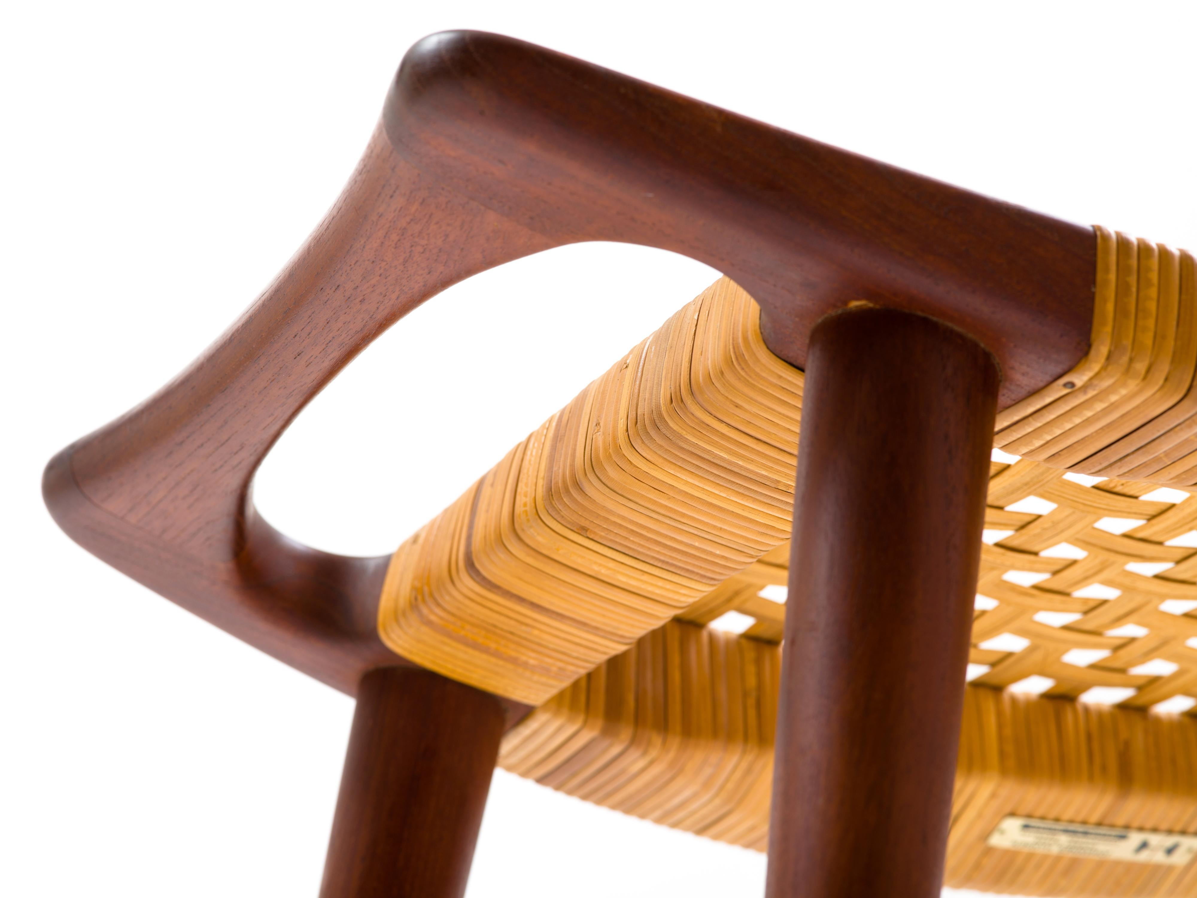 Scandinavian Modern Hans J Wegner JH 539 Stool in Teak and Cane, Johannes Hansen, Signed, 1950s