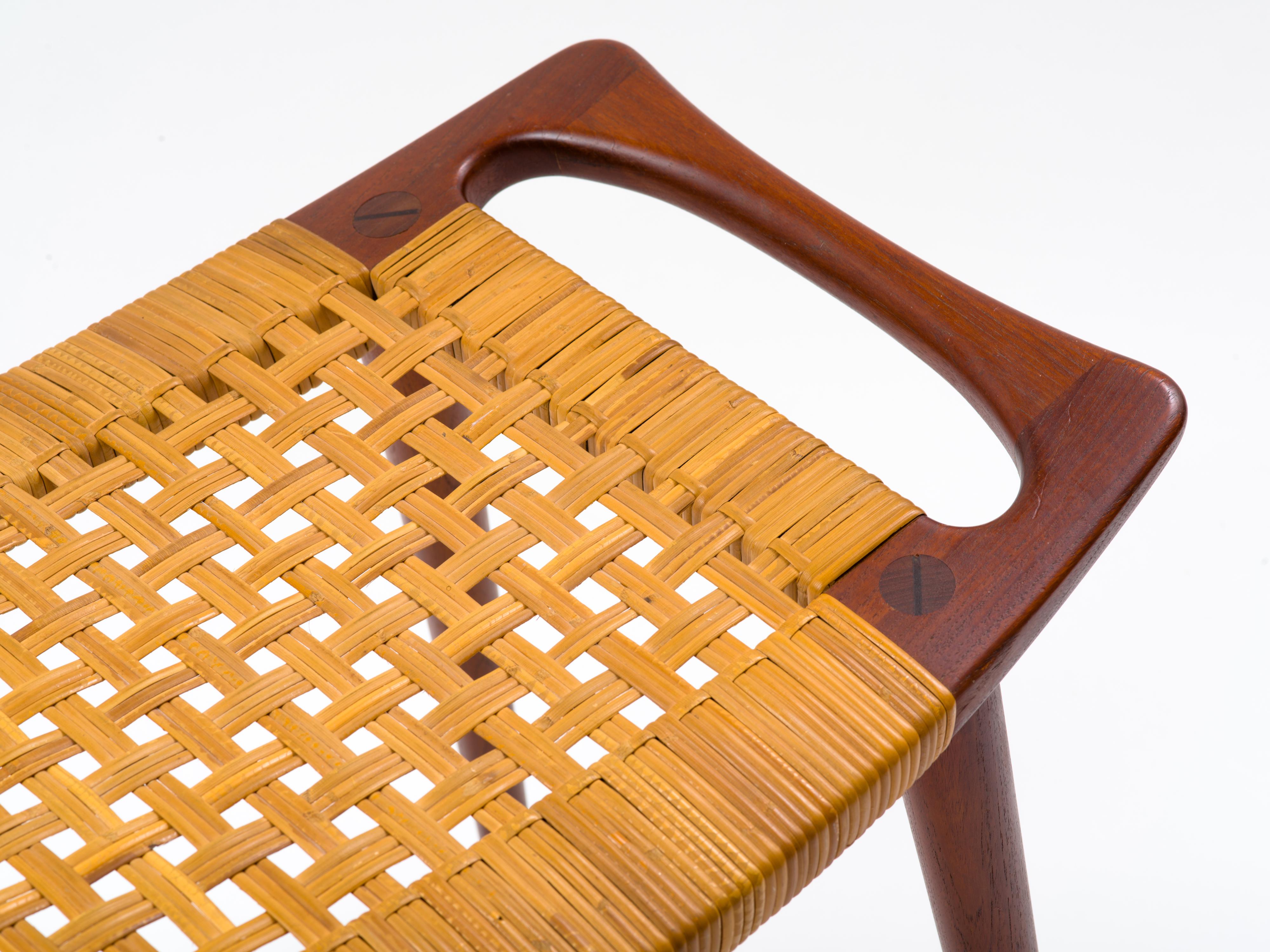 Hans J Wegner JH 539 Stool in Teak and Cane, Johannes Hansen, Signed, 1950s In Good Condition In Brooklyn, NY