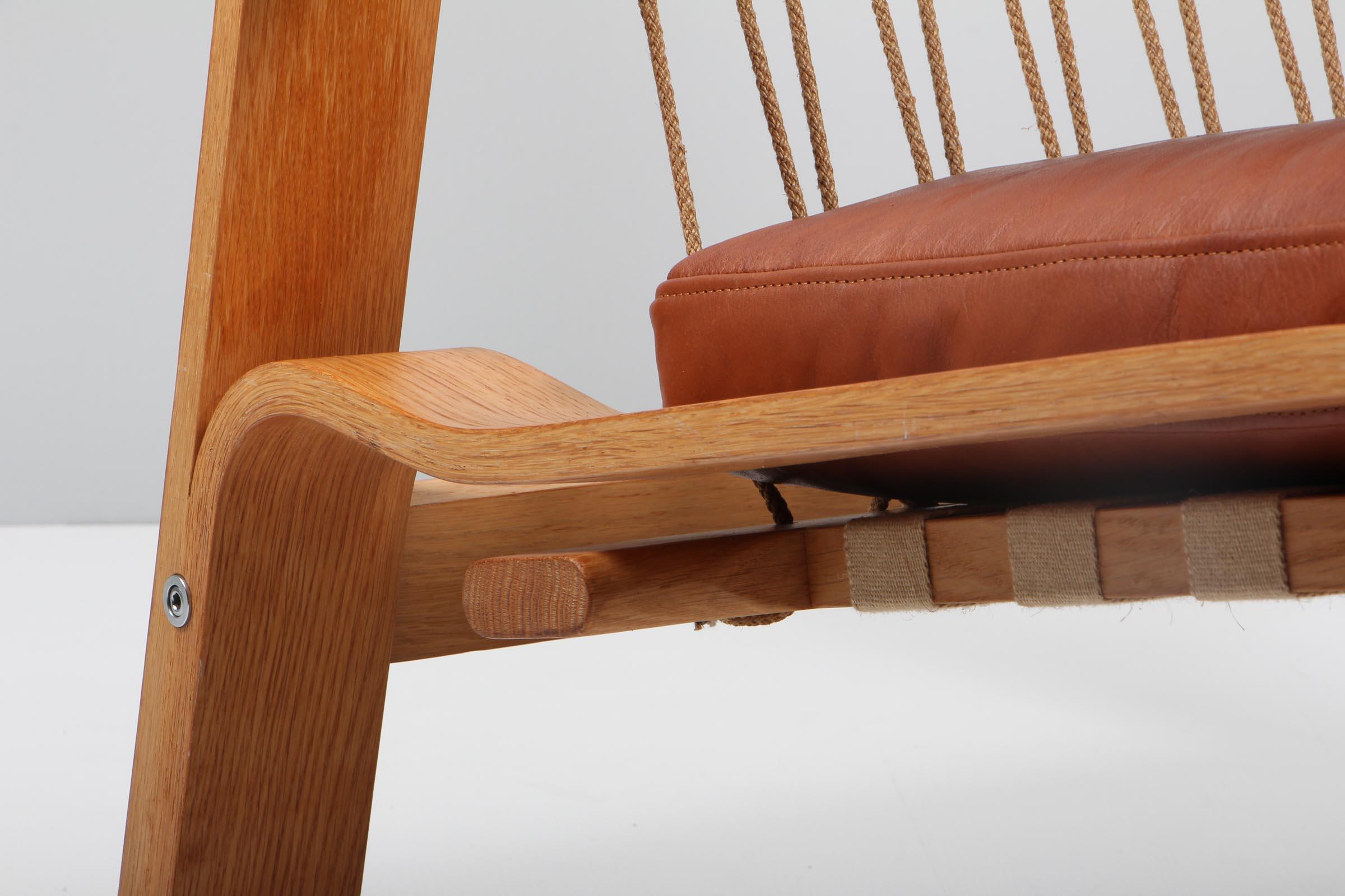 Danish Hans J. Wegner, Lounge Chair, Model 671, Oak, Leather and Cotton Rope