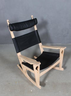 Hans J. Wegner Nøglehullet Lounge Rocking Chair, Black Leather, 1970s