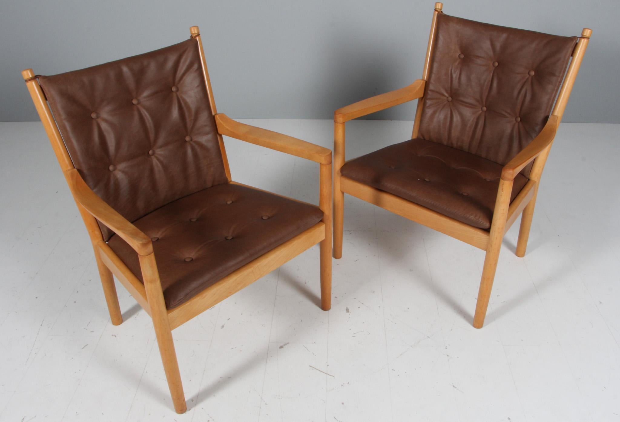 Hans Wegner, lounge or armchair new upholstered with vintage tobacco full grain aniline leather.

Frame in solid beech.

Model 1788, made by Fritz Hansen.

