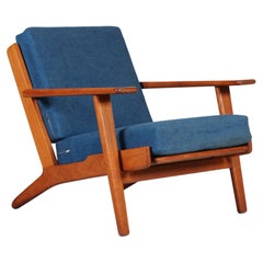 Hans J. Wegner Low Lounge Chair GE 290 of Teak + Blue Wool by GETAMA, 1970s