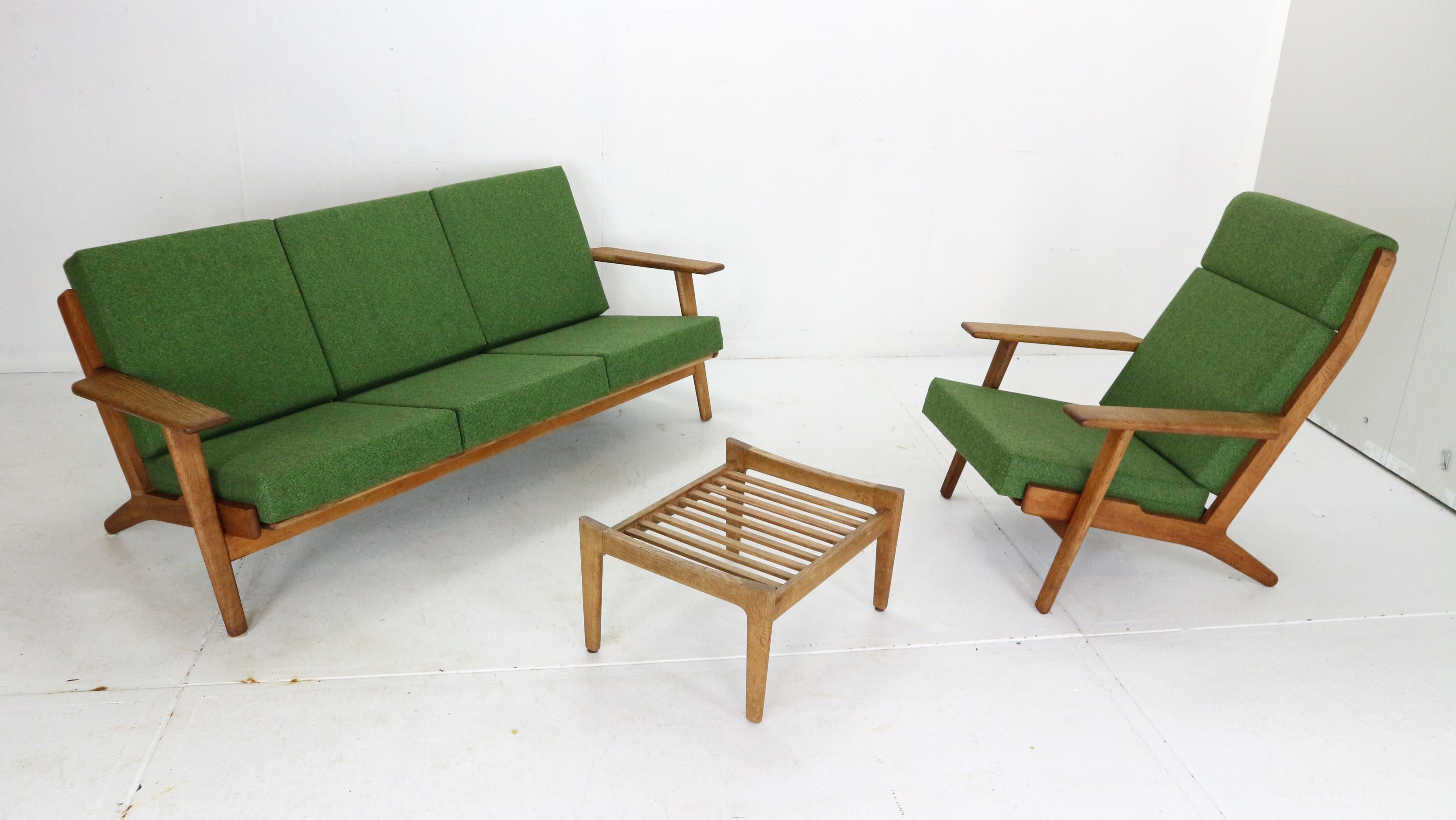 Hans J. Wegner Oak & Green New Reupholstery 3-Seater Sofa 