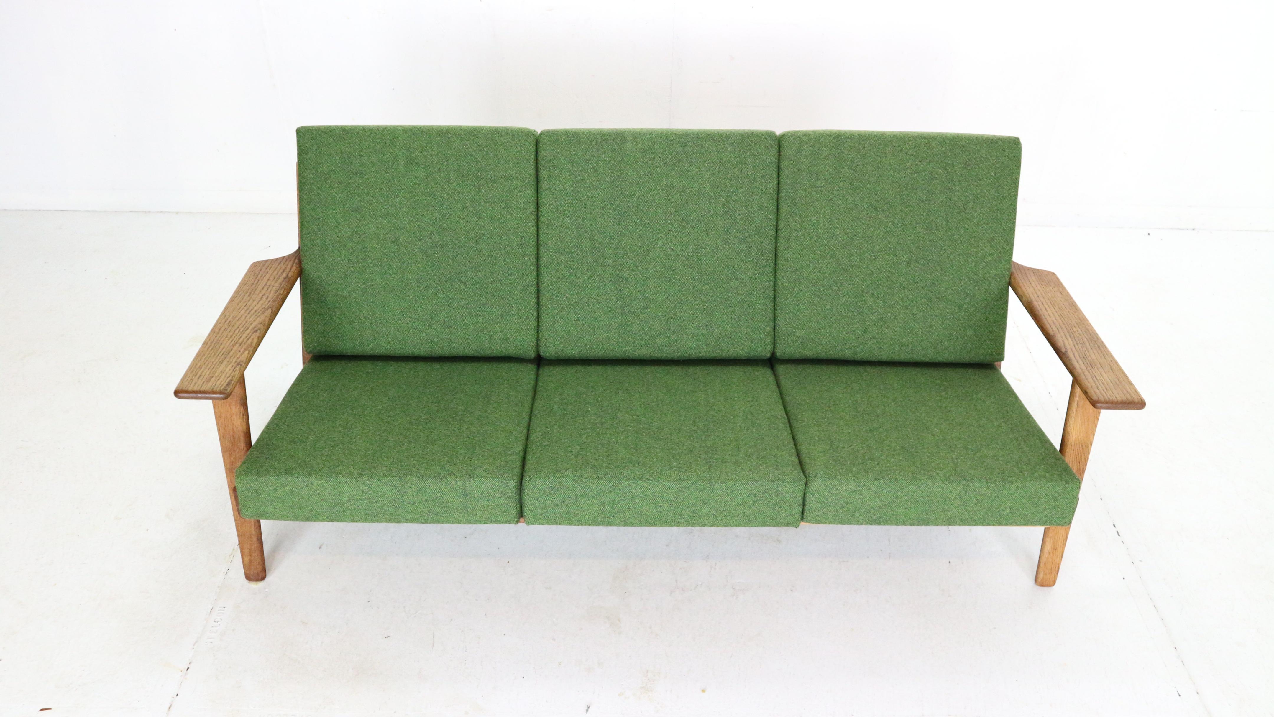 Scandinavian Modern Hans J. Wegner Oak & Green New Reupholstery 3-Seater Sofa 