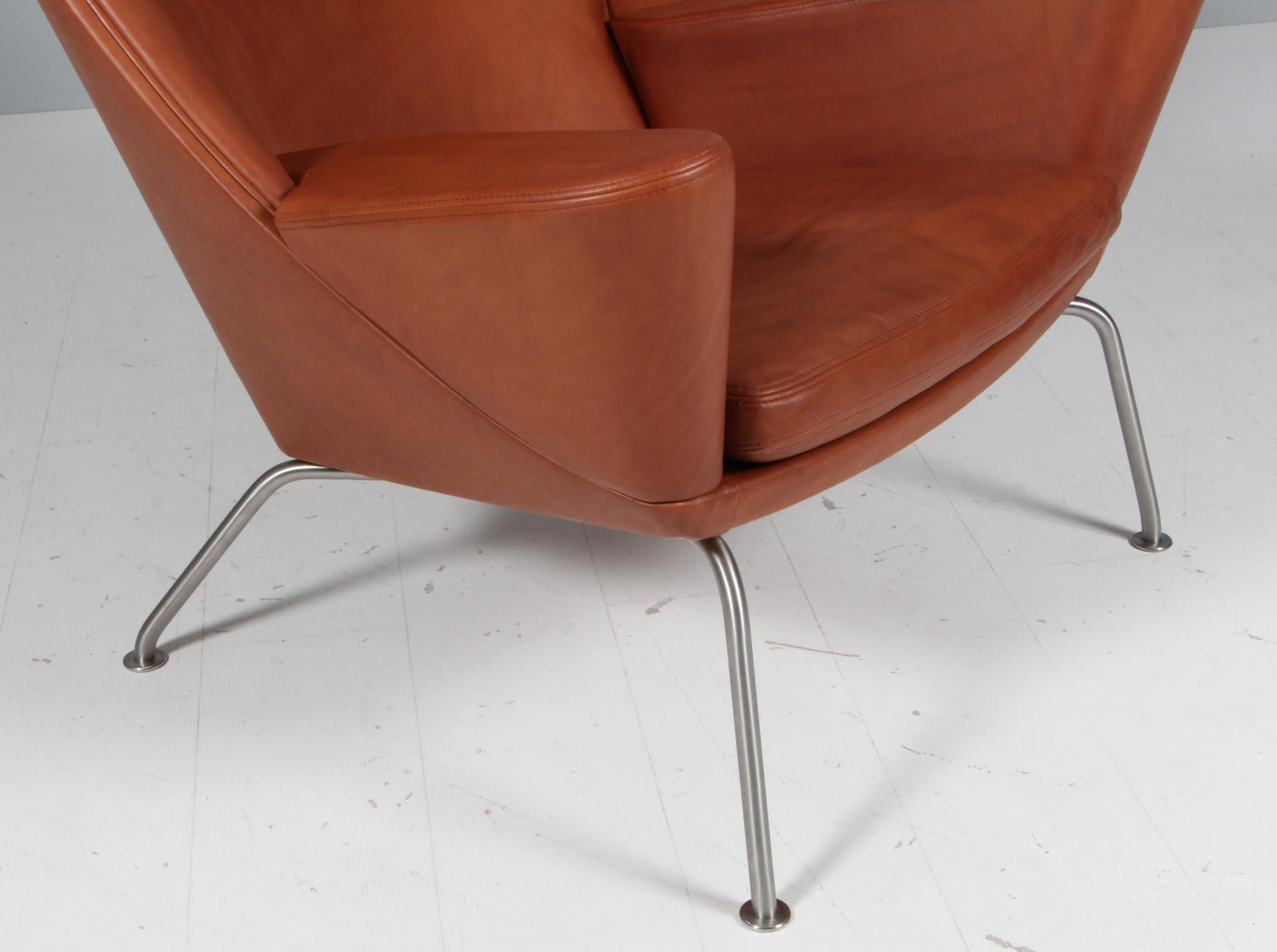 Stainless Steel Hans J. Wegner Oculus Lounge Chair and ottoman in Full grain brandy leather