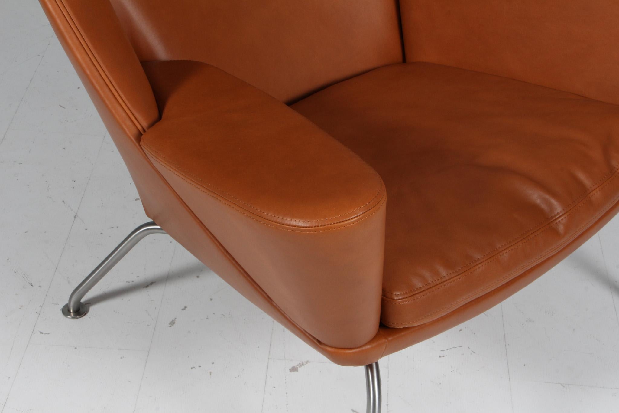 Stainless Steel Hans J. Wegner Oculus Lounge Chair and ottoman in Full grain walnut leather