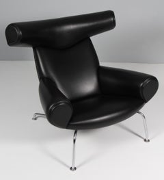 Silla Buey Hans J. Wegner Modelo EJ 100, cuero original negro