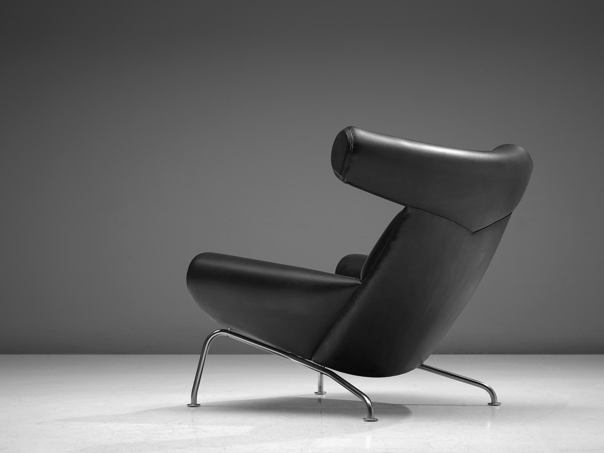 Metal Hans J. Wegner OX 'King' Easy Chair in Black Leather