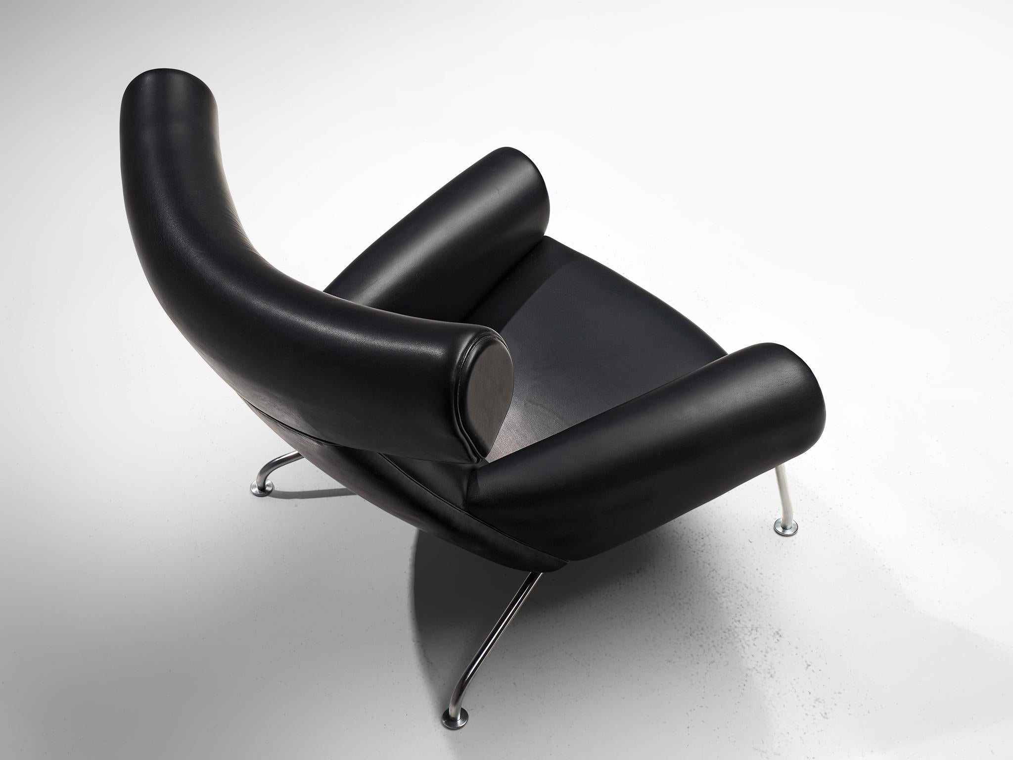 Danish Hans J. Wegner OX 'King' Easy Chair in Black Leather