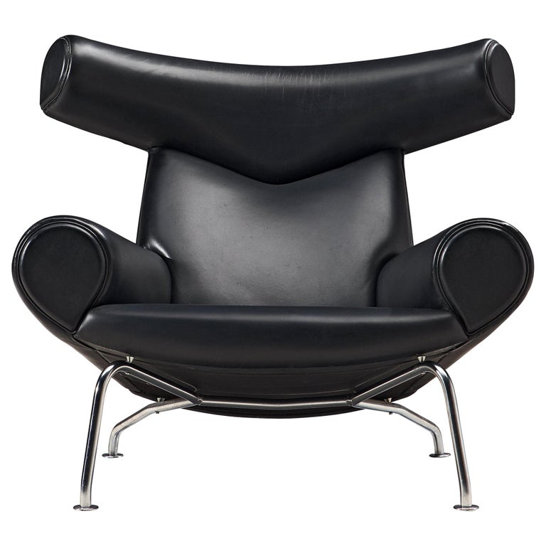 Hans J Wegner Ox King Easy Chair In Black Leather For Sale At 1stdibs