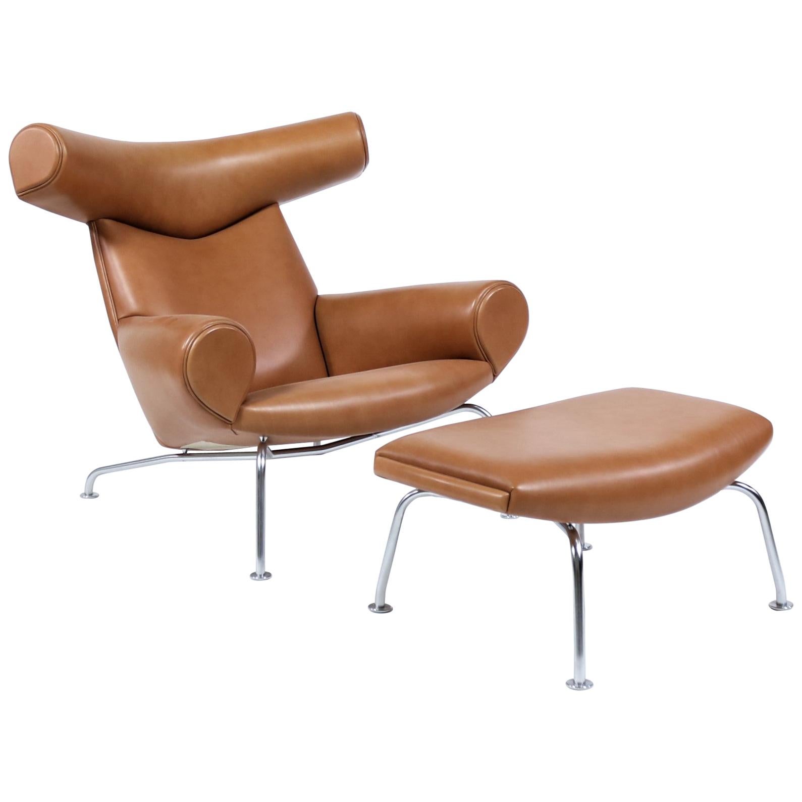 Hans J. Wegner "Ox" Lounge Chair and Ottoman in Cohiba Leather, Erik Jørgensen