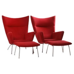 Hans J. Wegner Pair of CH445 Wing Chairs with CH446 Ottoman