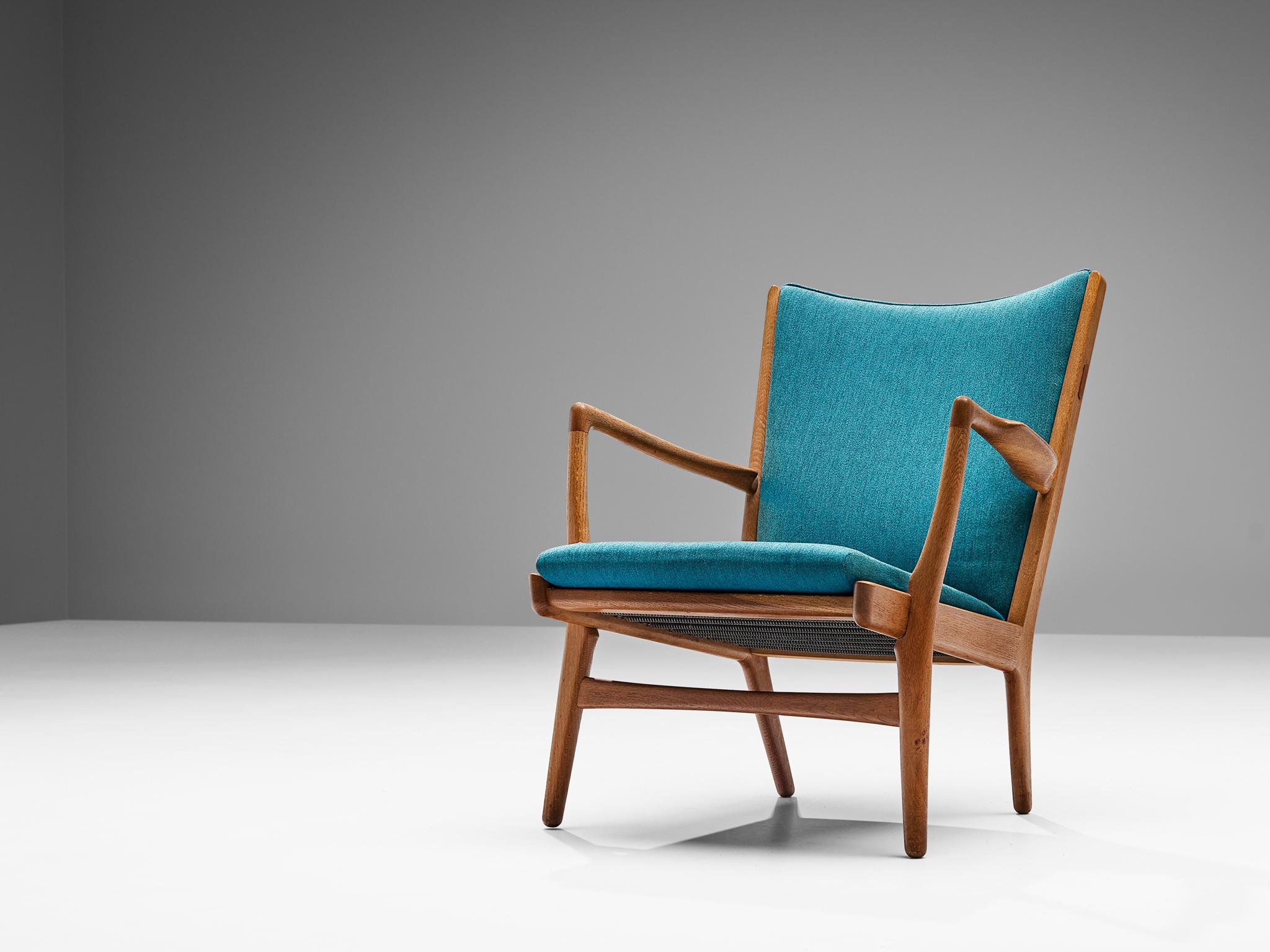 Scandinavian Modern Hans J. Wegner Pair of Easy Chairs in Blue Upholstery and Oak For Sale