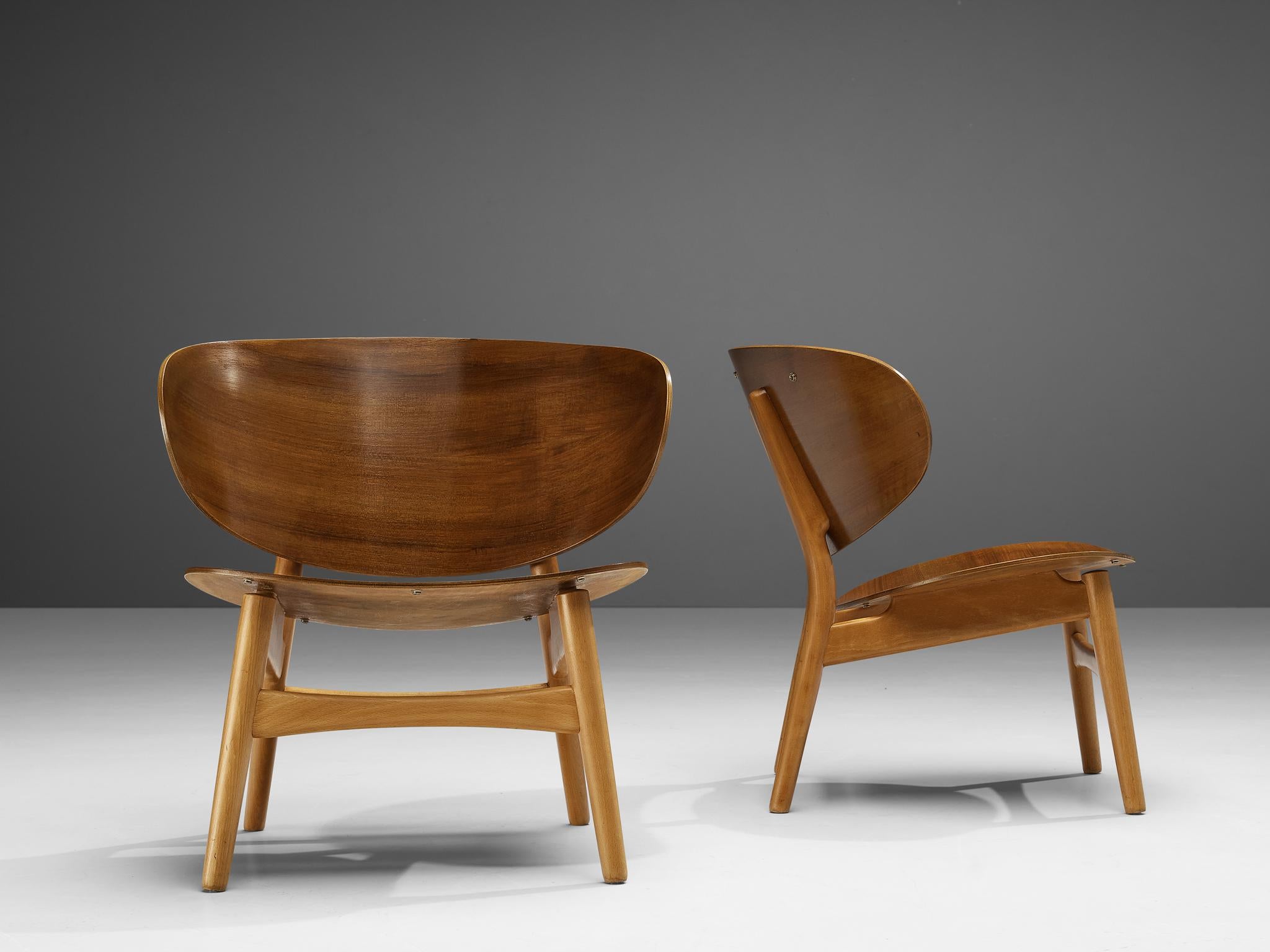 Mid-20th Century Hans J. Wegner Pair of Lounge Chairs in Walnut 