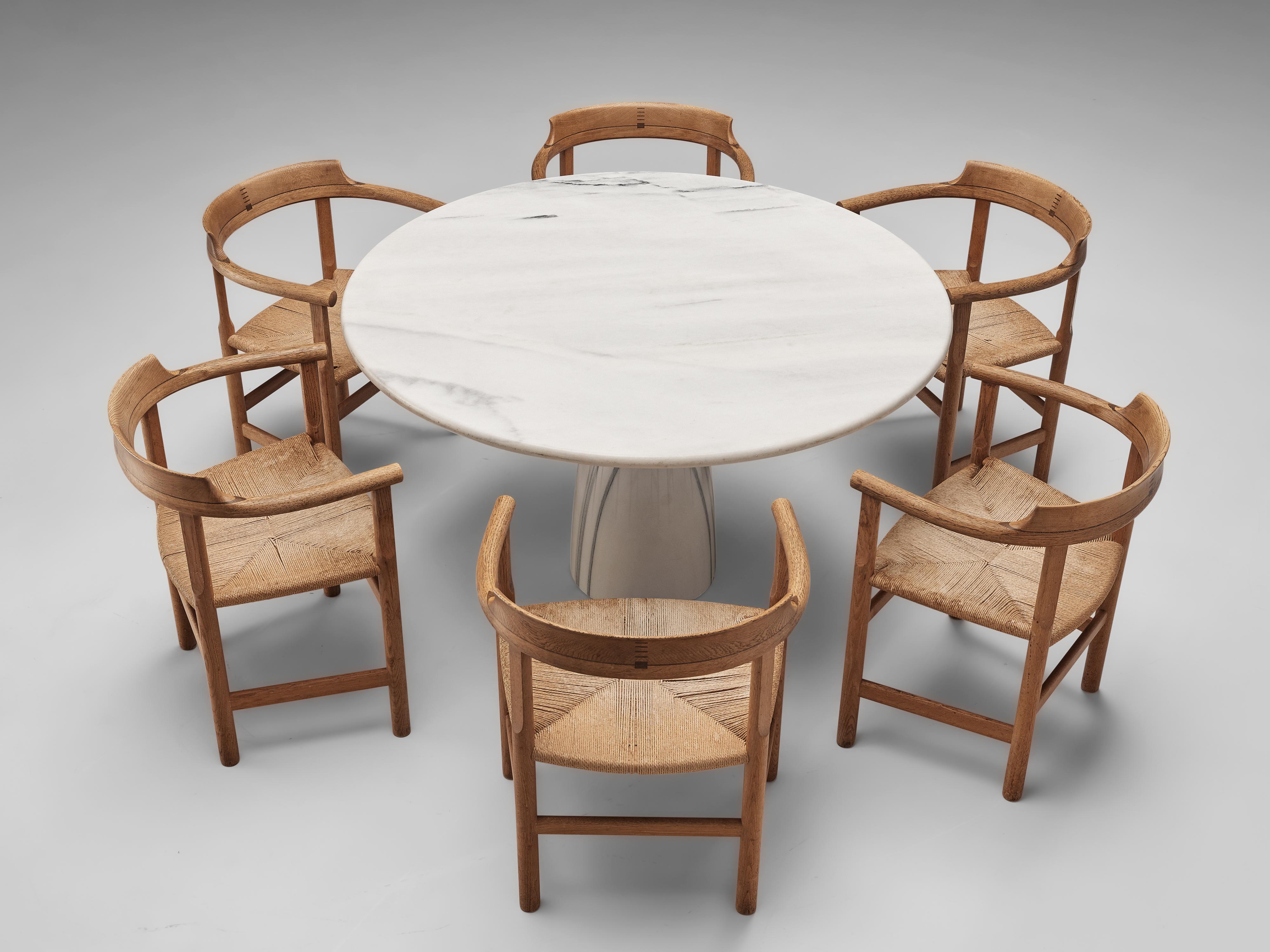 Mid-Century Modern Hans J. Wegner Rare Set of 6 Armchairs ‘PP62’ with German Round Marble Table