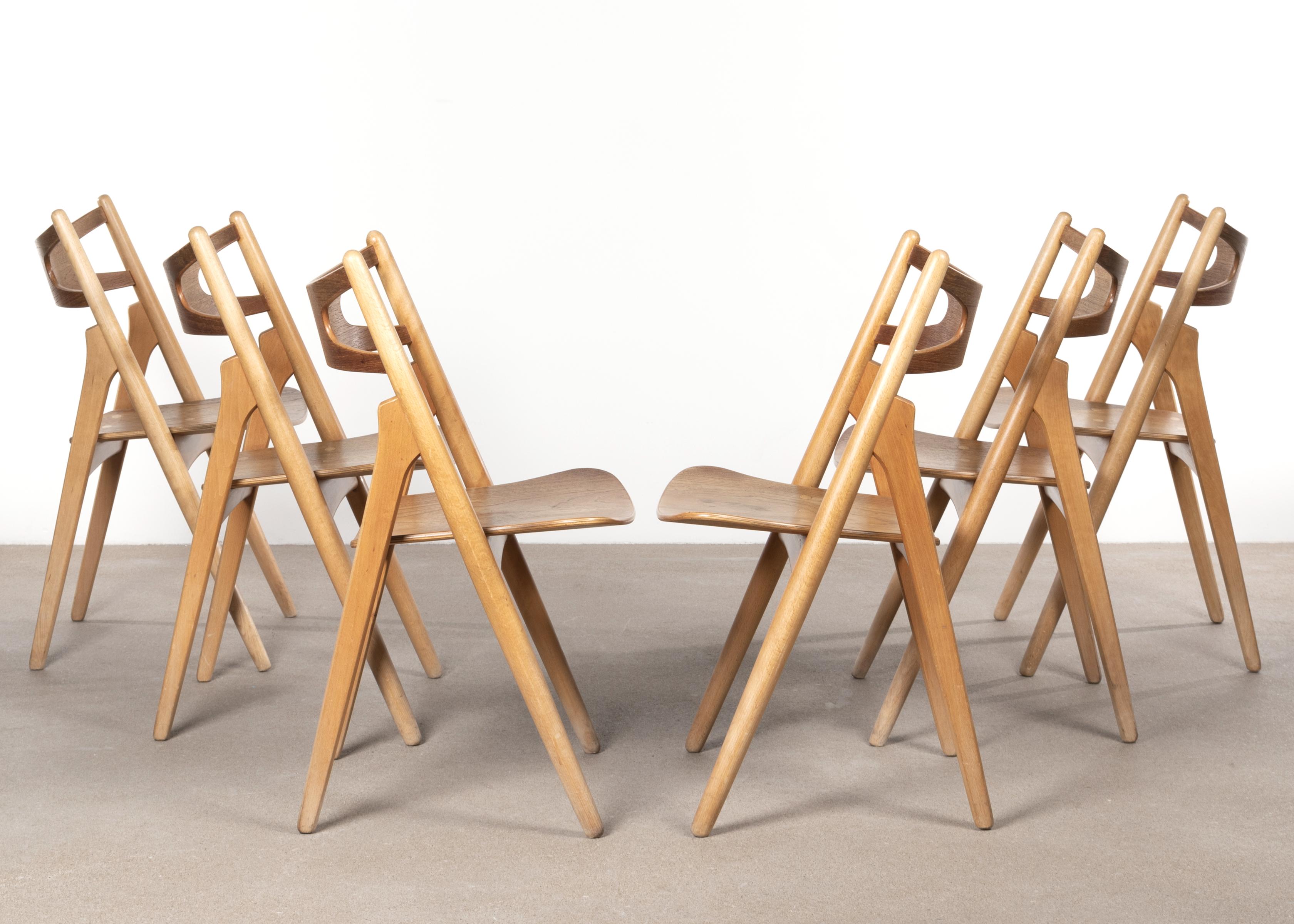 Scandinavian Modern Hans J. Wegner Sawbuck Chairs Set of 6 Model Ch29 for Carl Hansen, Denmark, 1966