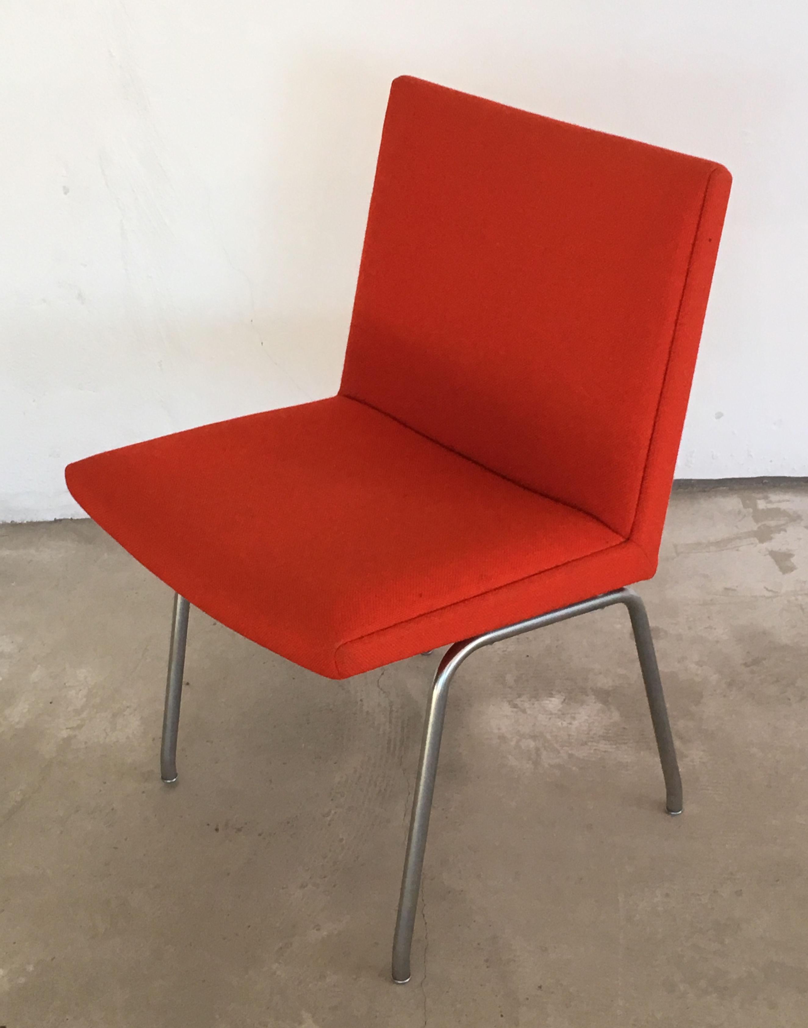 Hans Wegner set of 10 AP38 'Airport' chairs by A.P. Stolen.

The exceptional modern chairs designed in 1958, on tubular-steel frames with sharp triangle boomerang shaped details on both sides of each seat. 

Seats will be reupholstered with