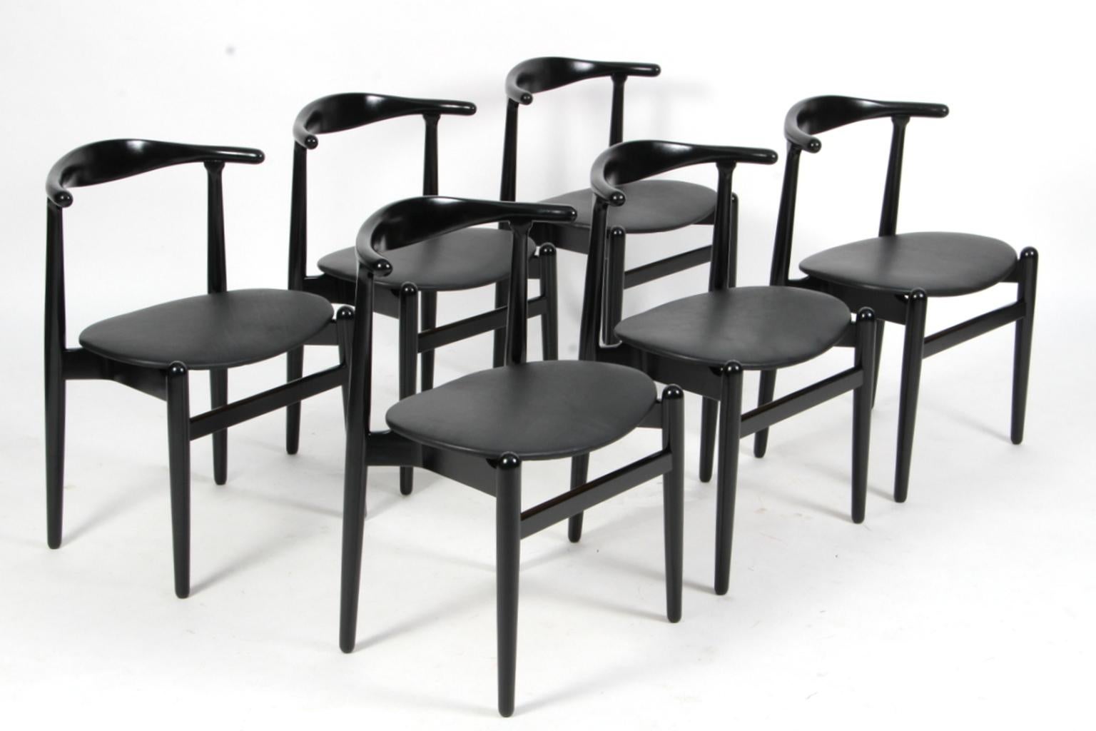 Scandinavian Modern Hans J. Wegner Set of Six Dining Chairs, Model 1936 Black Leather
