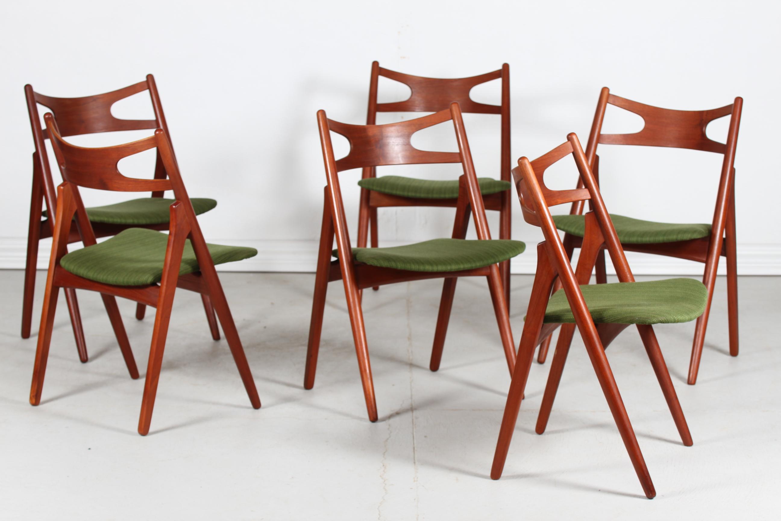 Fabric Hans J. Wegner Set of Six Sawbuck Chairs Ch 29 of Teak by Carl Hansen 1950s For Sale