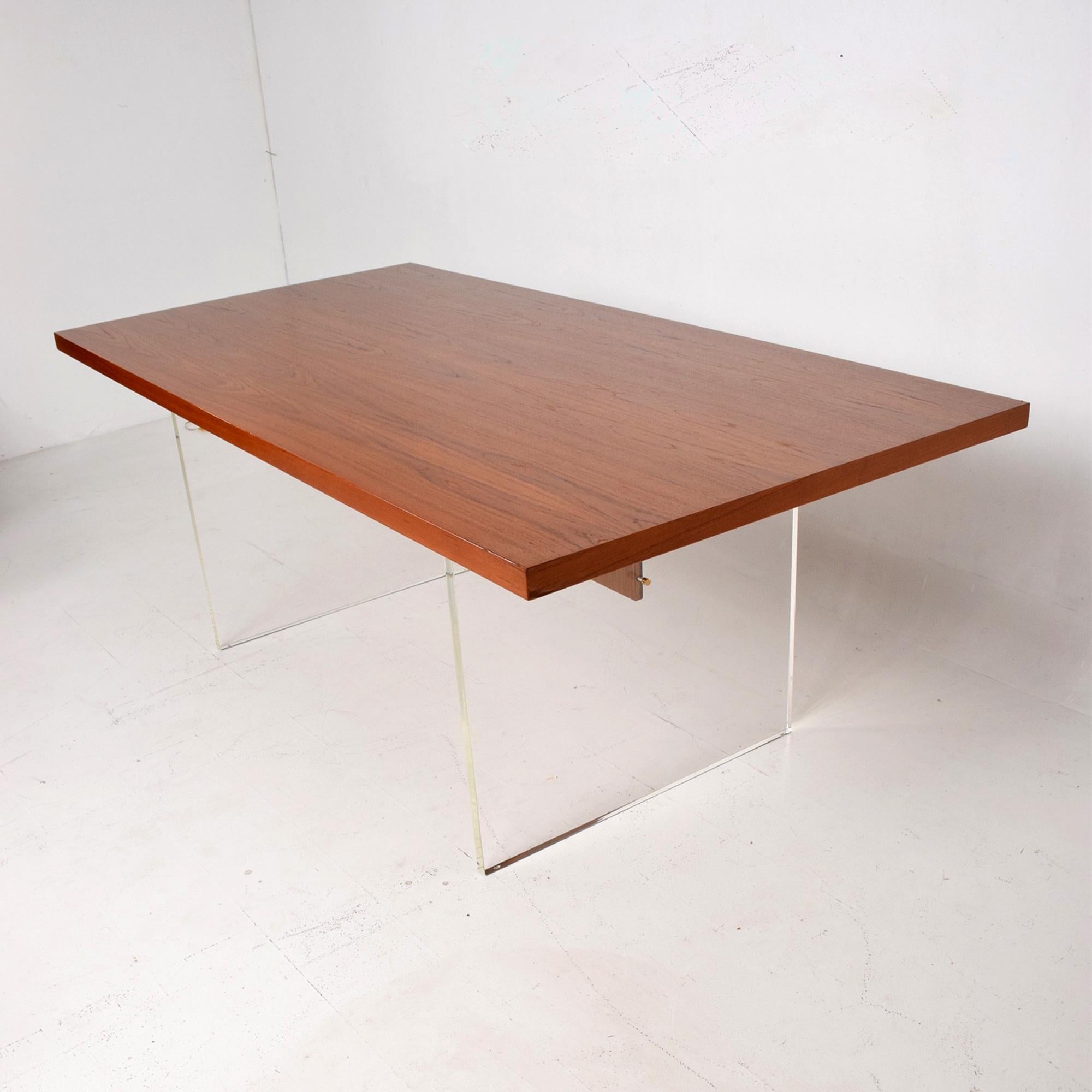 American 1970s Modern Dining Conference Table Style of Hans Wegner Teakwood and Lucite