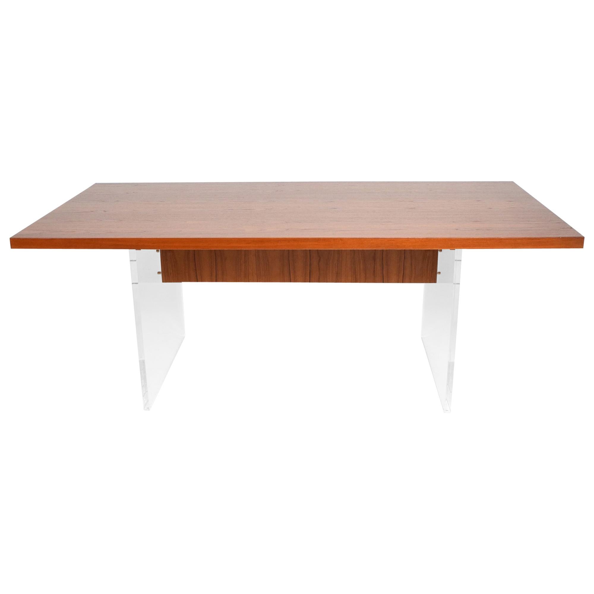 1970s Modern Dining Conference Table Style of Hans Wegner Teakwood and Lucite