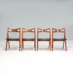 Hans J. Wegner Teak & Black Leather CH29P Sawbuck Chairs, 1960s, Set of 4