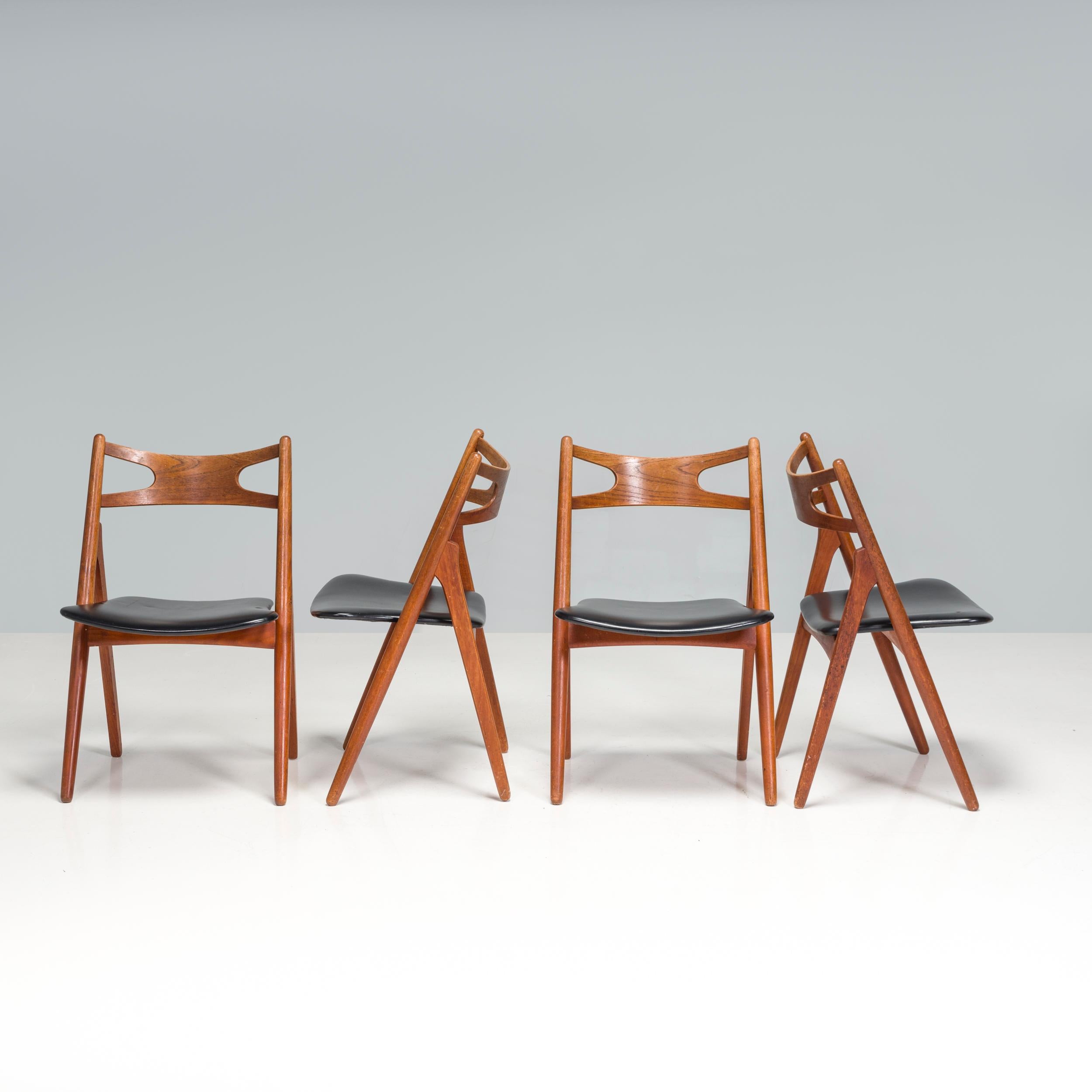 Danish Hans J. Wegner Teak & Black Leather CH29P Sawbuck Chairs, 1960s, Set of 4 For Sale
