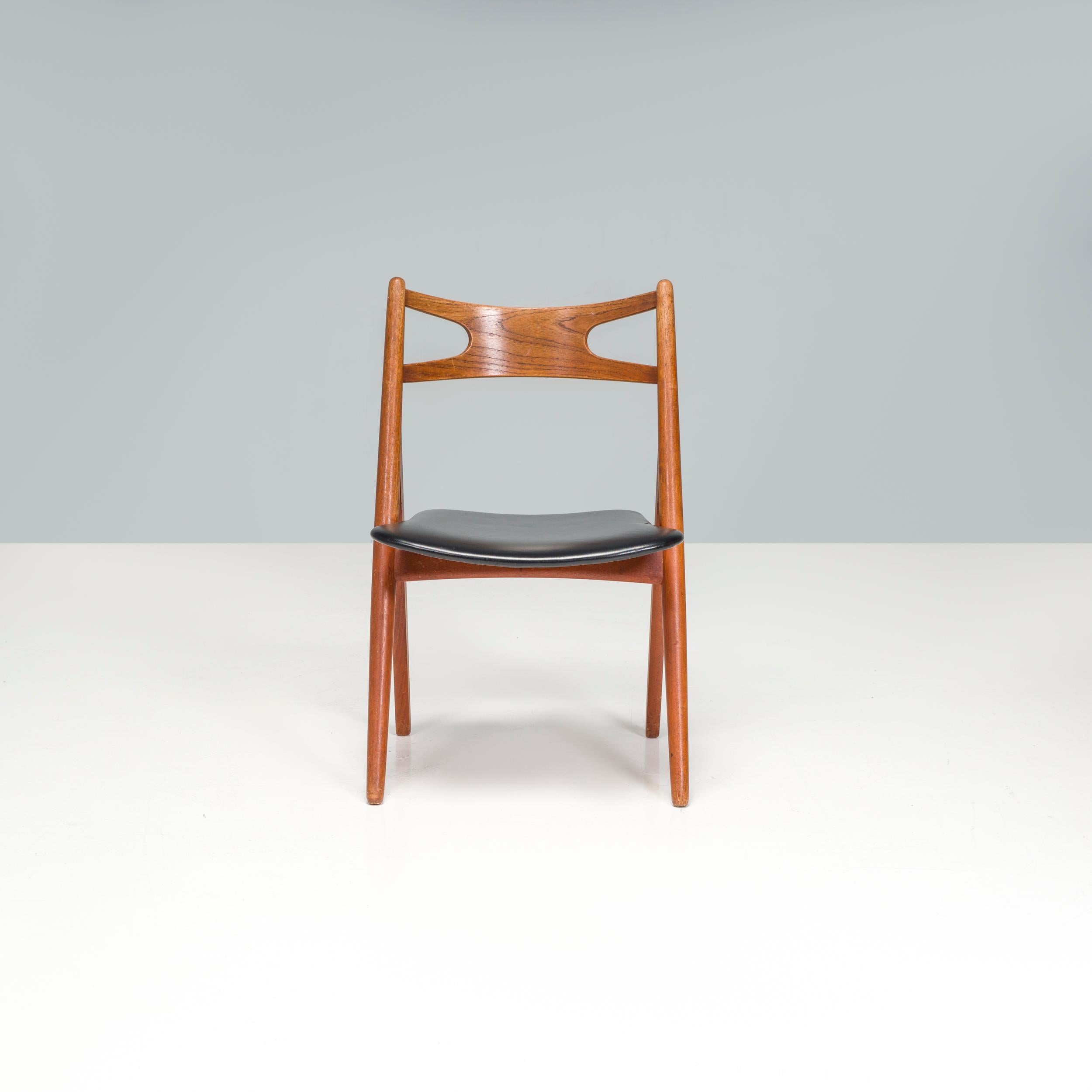 Mid-20th Century Hans J. Wegner Teak & Black Leather CH29P Sawbuck Chairs, 1960s, Set of 4 For Sale