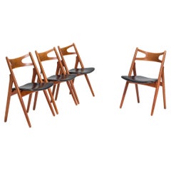 Vintage Hans J. Wegner Teak & Black Leather CH29P Sawbuck Chairs, 1960s, Set of 4