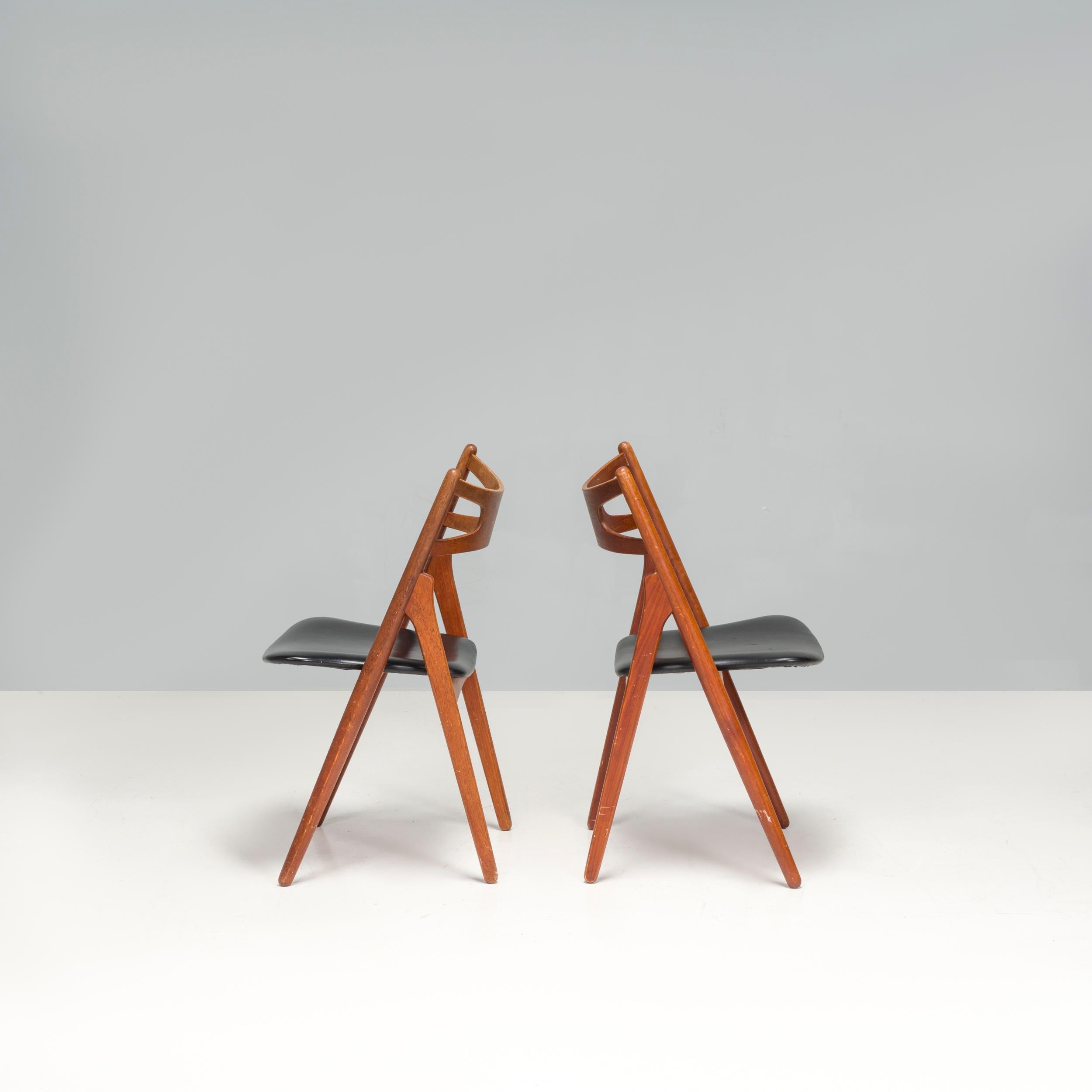 Danish Hans J. Wegner Teak & Black Leather CH29P Sawbuck Dining Chairs, 1960s, Set of 2 For Sale