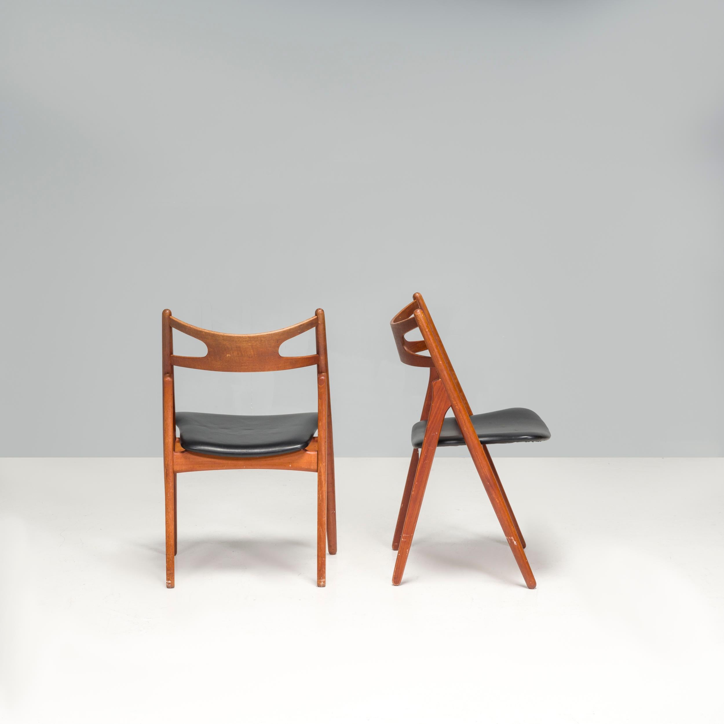 Hans J. Wegner Teak & Black Leather CH29P Sawbuck Dining Chairs, 1960s, Set of 2 In Good Condition For Sale In London, GB