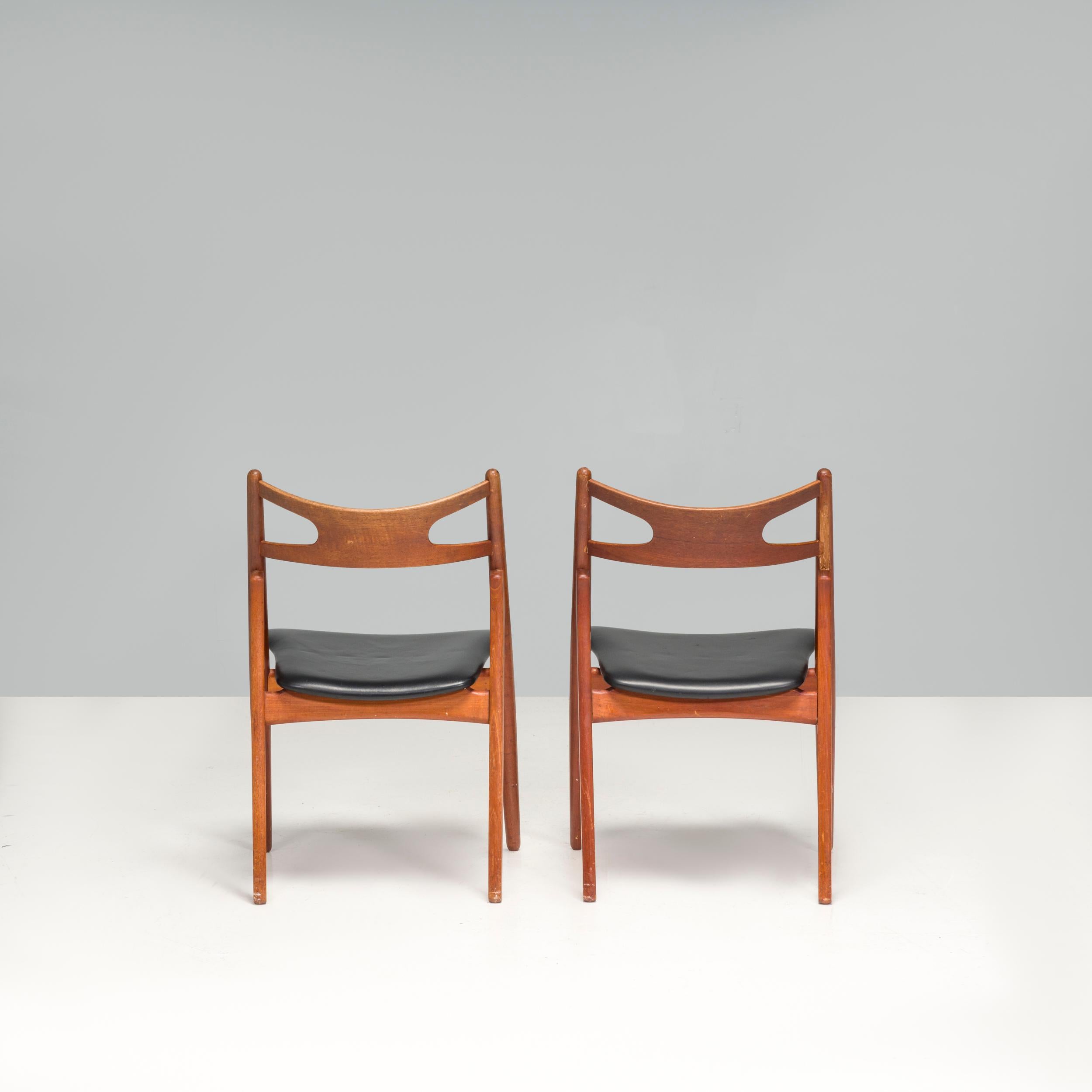 Mid-20th Century Hans J. Wegner Teak & Black Leather CH29P Sawbuck Dining Chairs, 1960s, Set of 2 For Sale
